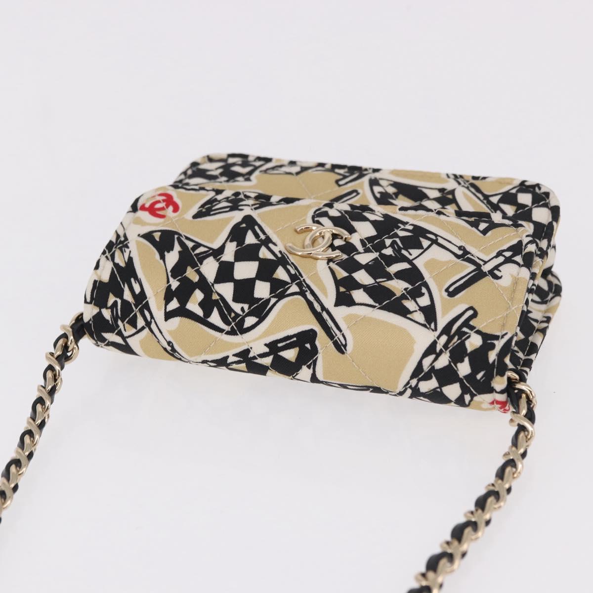 CHANEL Chain Shoulder Pouch Mini Matelasse 12 Satin Beige Gold CC Auth 185440M