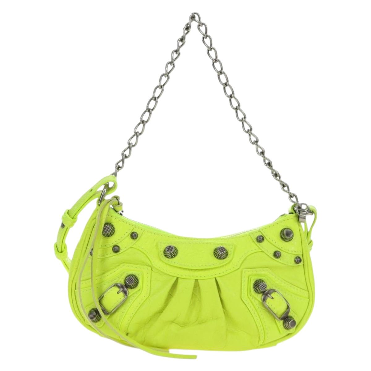 BALENCIAGA Chain Le Cagole Mini Bag Leather 2way Green Silver Auth 185444M