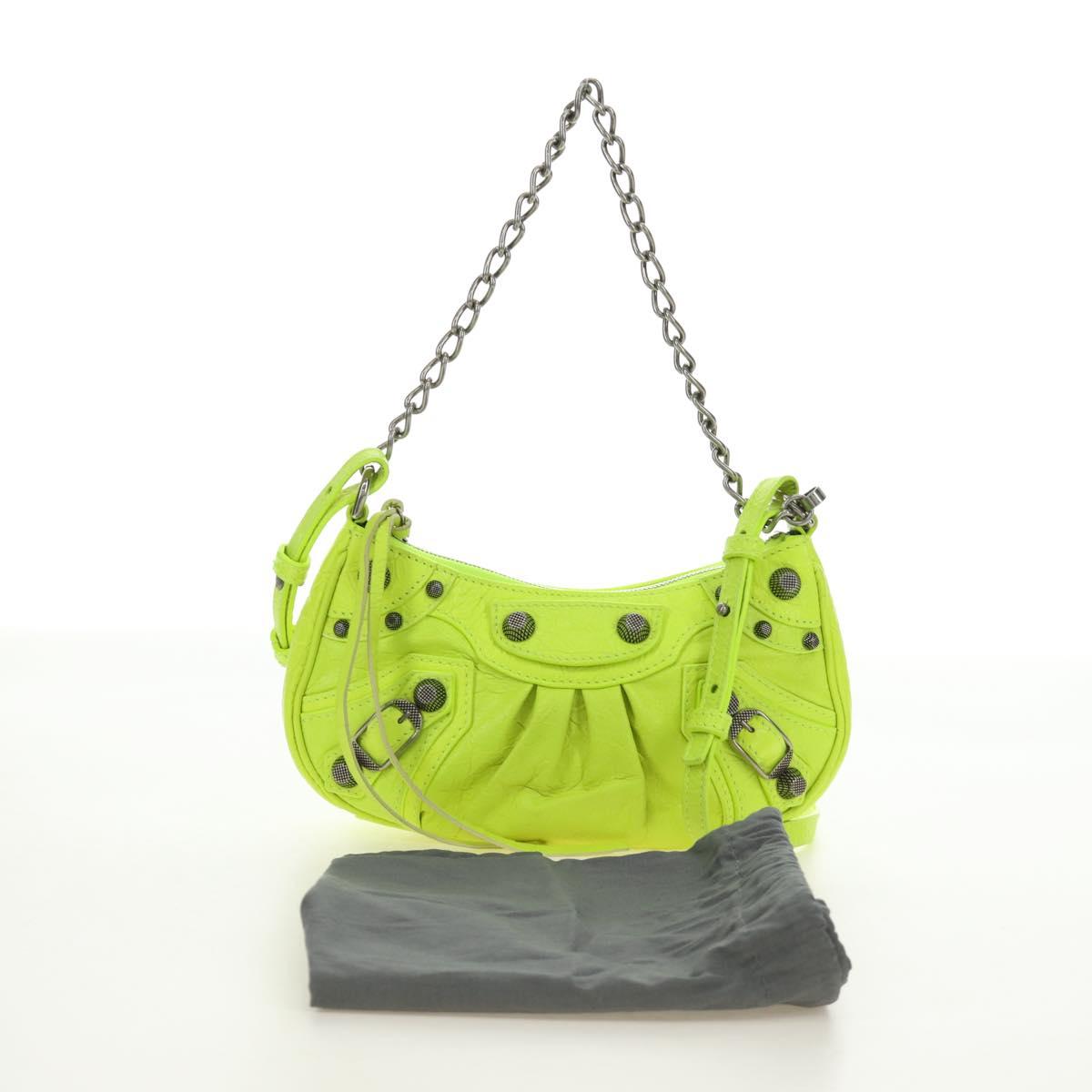 BALENCIAGA Chain Le Cagole Mini Bag Leather 2way Green Silver Auth 185444M