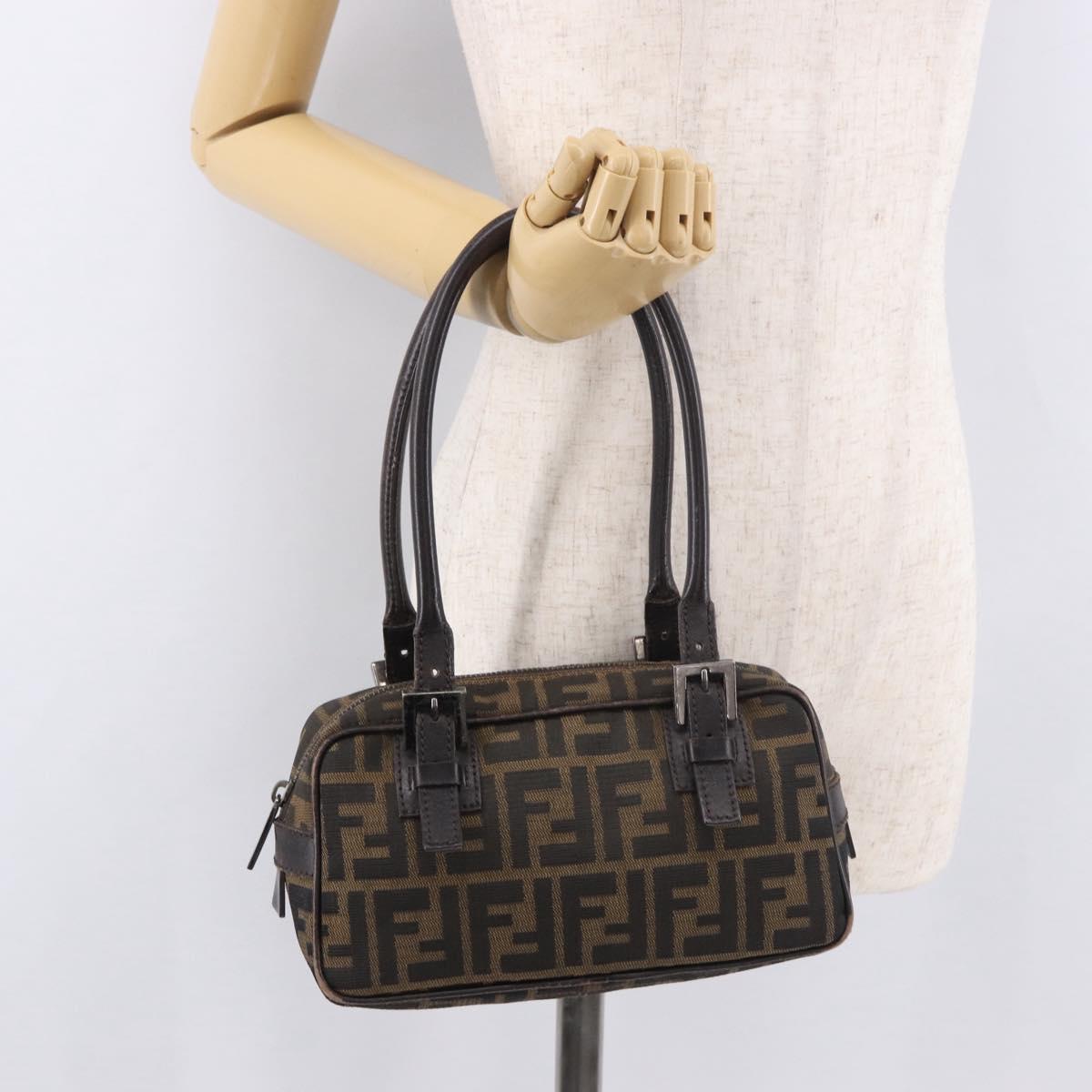 FENDI Zucca Canvas Shoulder Bag Black Brown Auth 185459