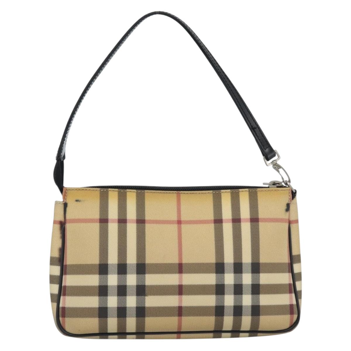 BURBERRY Nova Check Accessory Pouch PVC Beige Silver Auth 185460