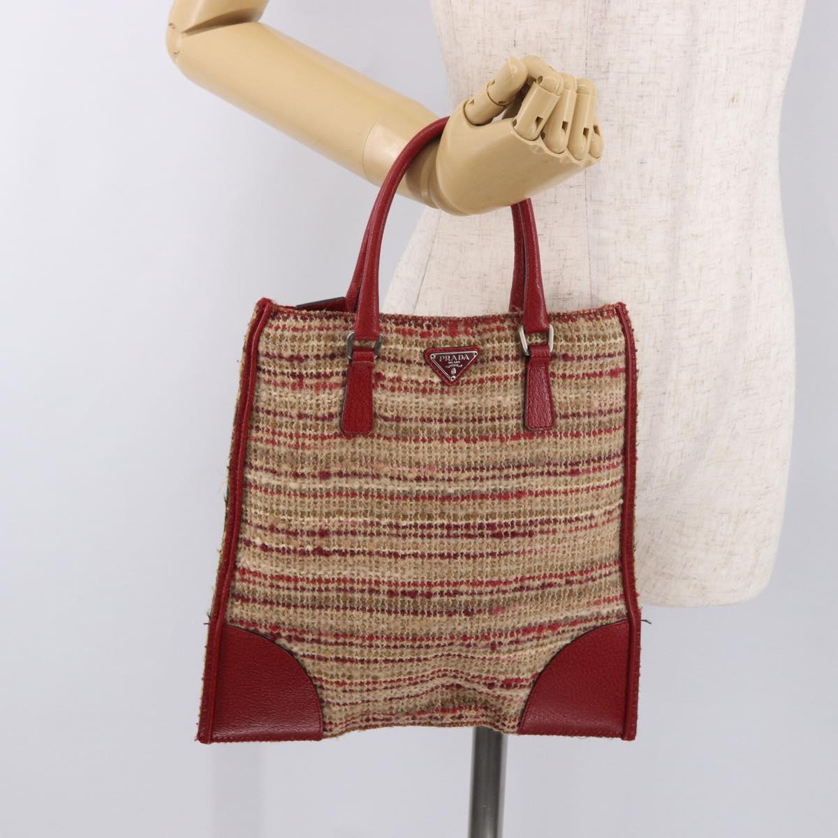 PRADA Hand Bag Tweed Red Silver Auth 185463A