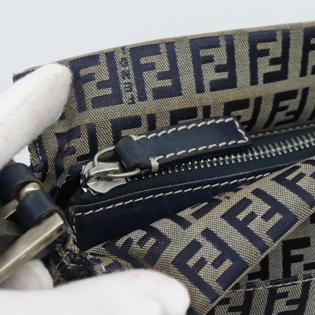 FENDI Zucchino Canvas Mamma Baguette Shoulder Bag Navy Silver Auth 185465V
