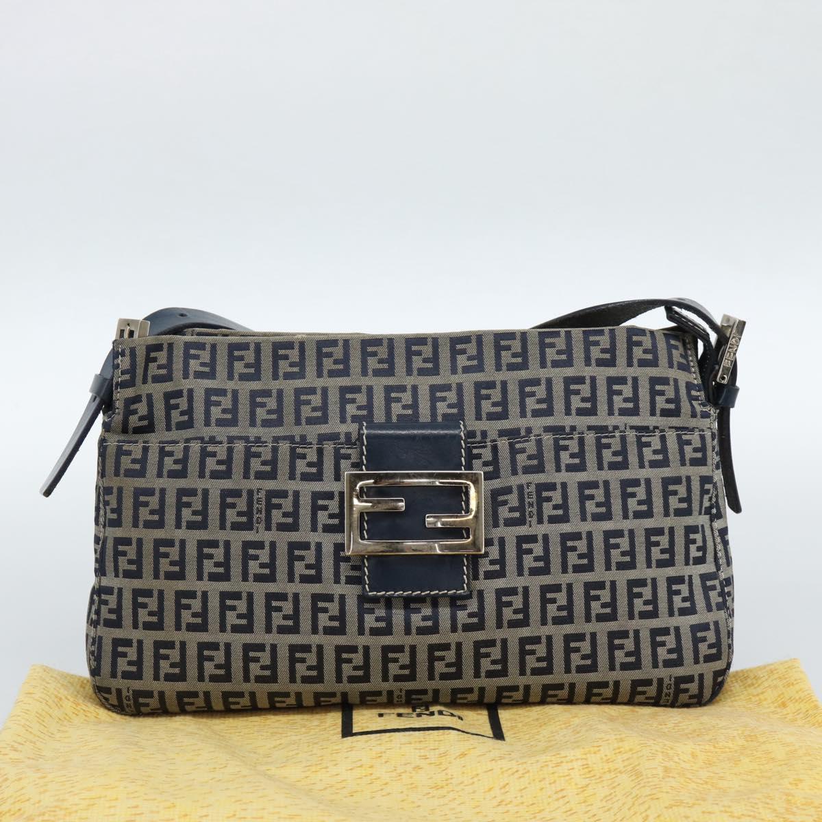 FENDI Zucchino Canvas Mamma Baguette Shoulder Bag Navy Silver Auth 185465V