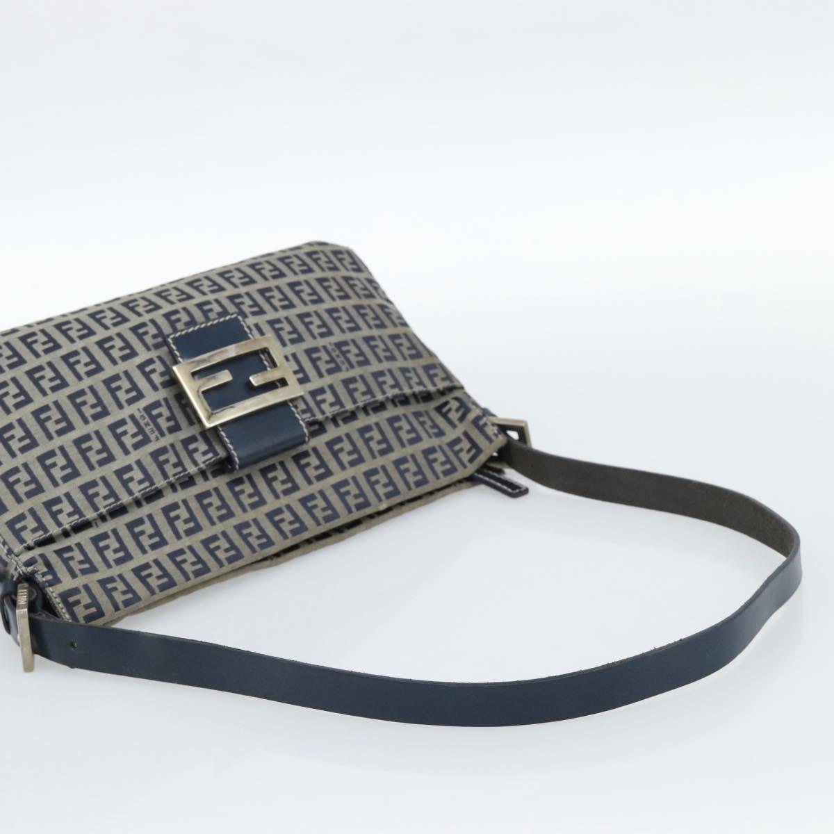FENDI Zucchino Canvas Mamma Baguette Shoulder Bag Navy Silver Auth 185465V