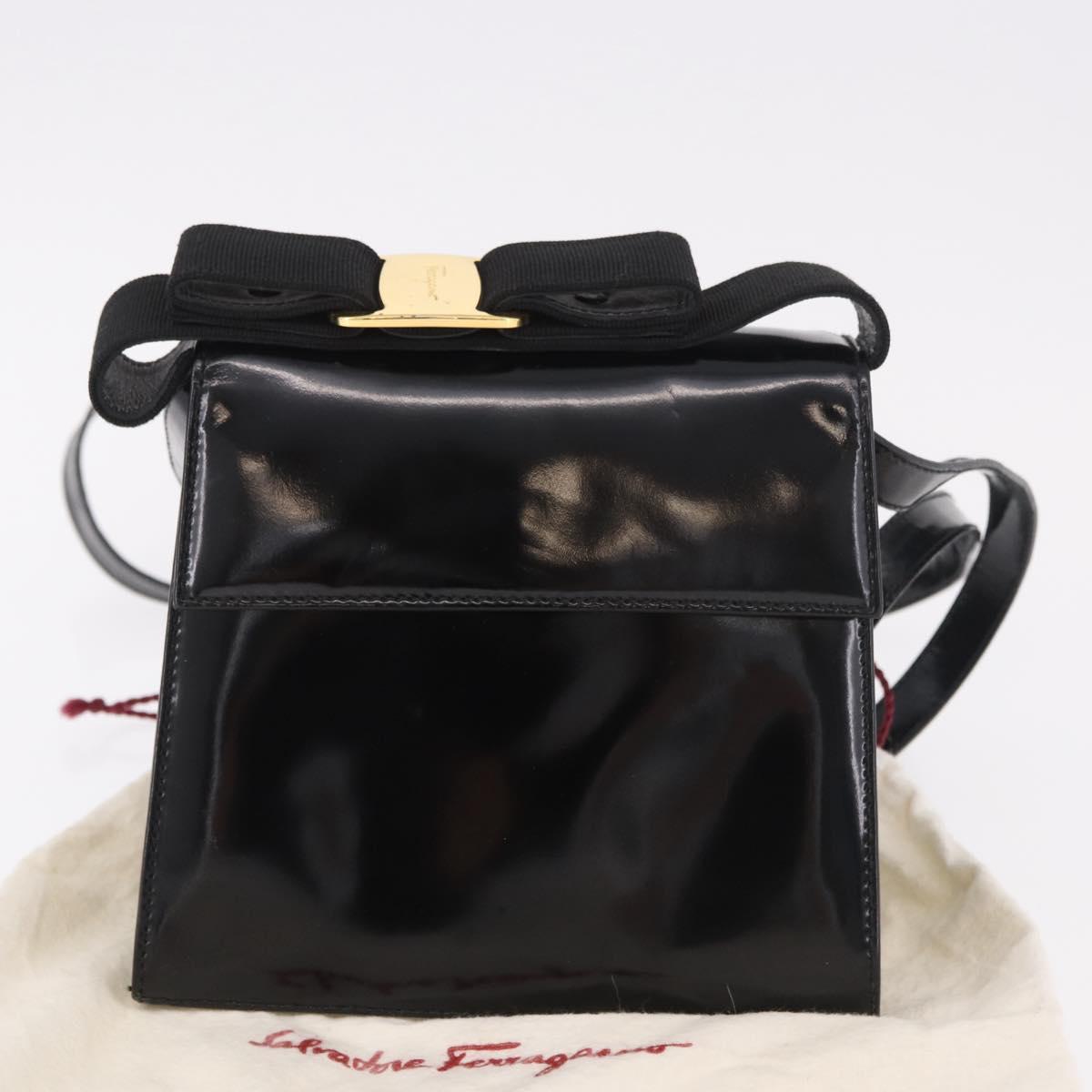Salvatore Ferragamo Vala Shoulder Bag Patent leather 2way Black Gold Auth 185471