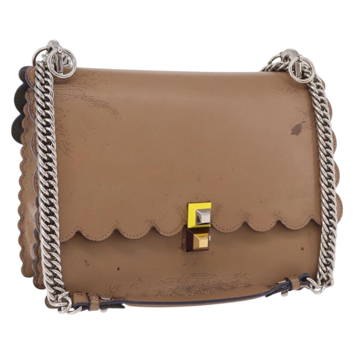 FENDI Chain Canai Shoulder Bag Leather Beige Silver Auth 185488