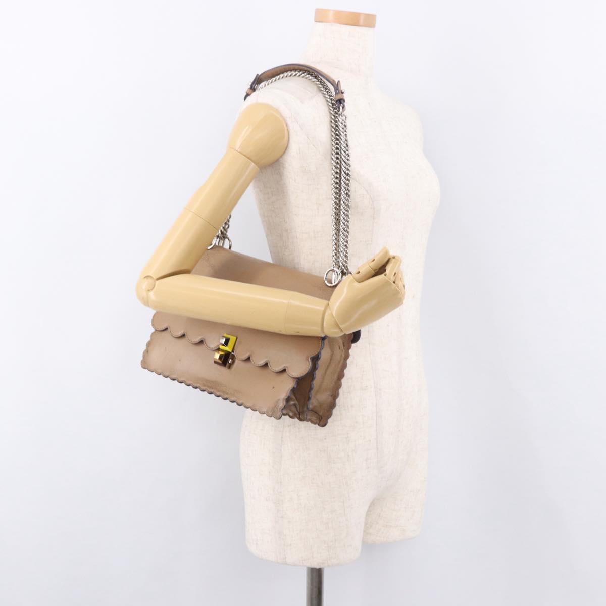 FENDI Chain Canai Shoulder Bag Leather Beige Silver Auth 185488