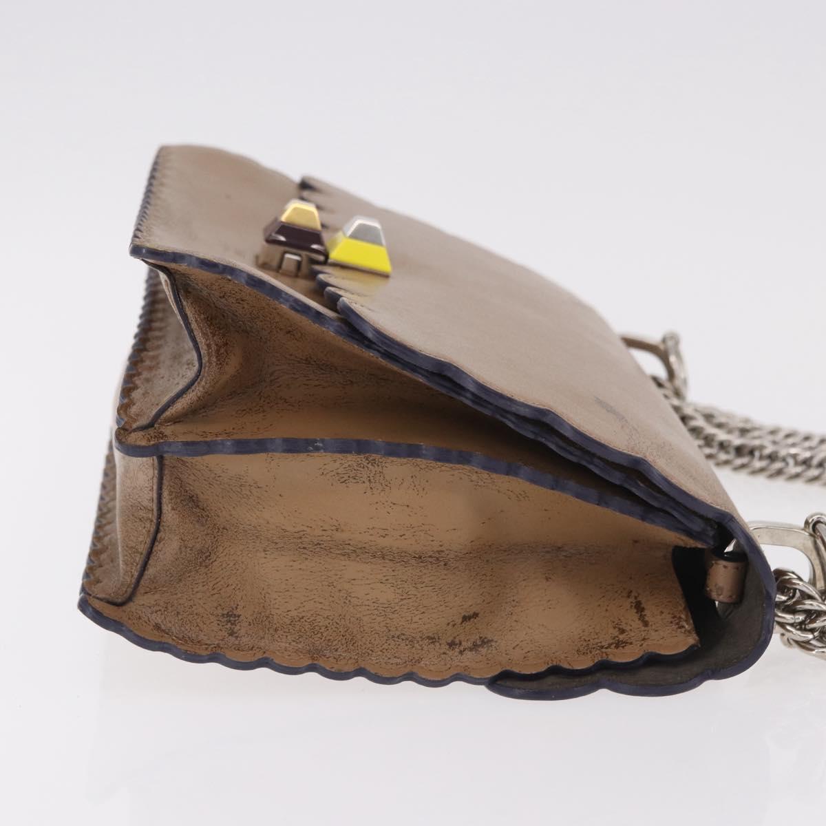 FENDI Chain Canai Shoulder Bag Leather Beige Silver Auth 185488