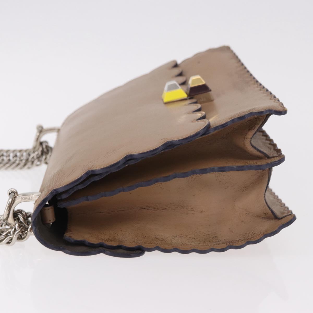 FENDI Chain Canai Shoulder Bag Leather Beige Silver Auth 185488