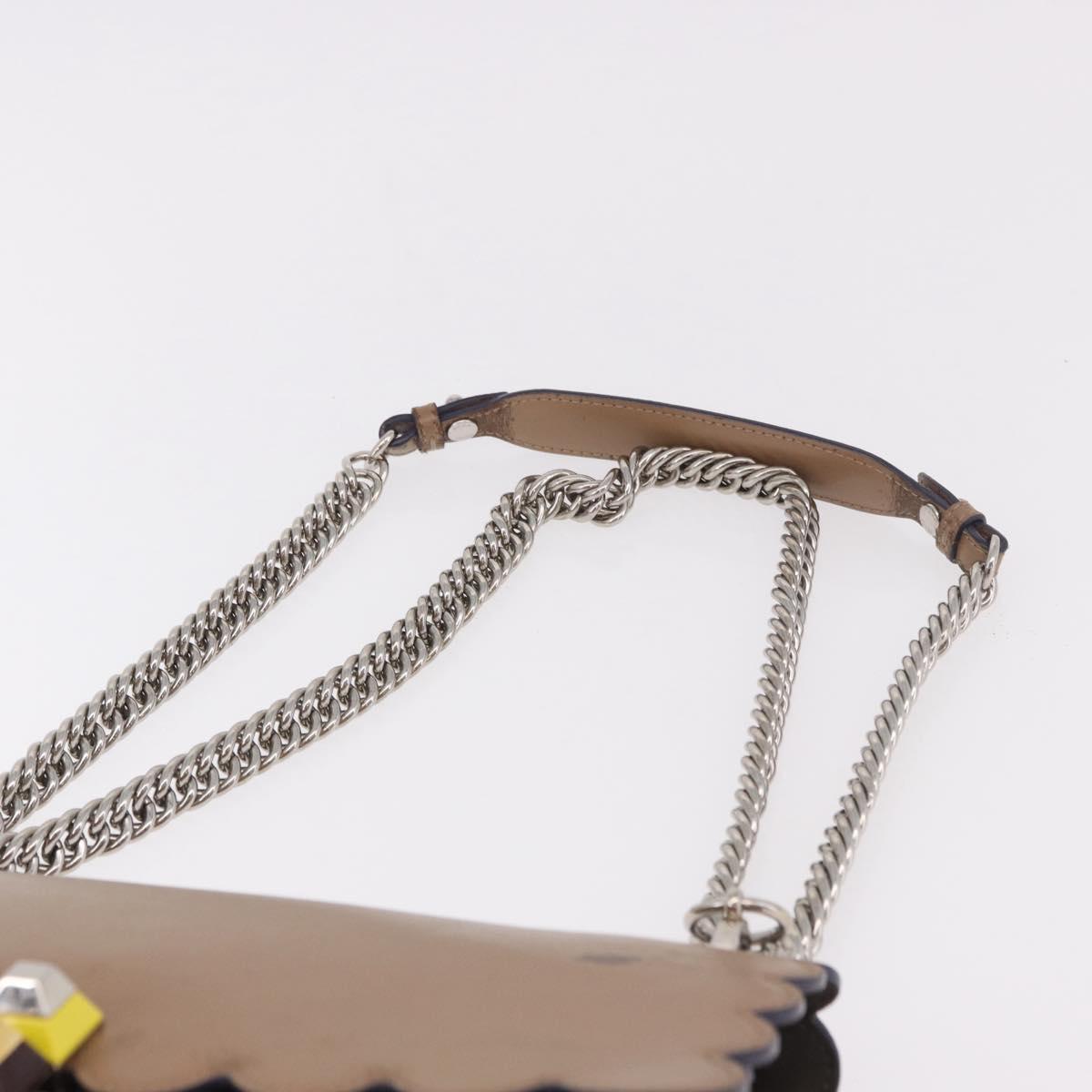 FENDI Chain Canai Shoulder Bag Leather Beige Silver Auth 185488