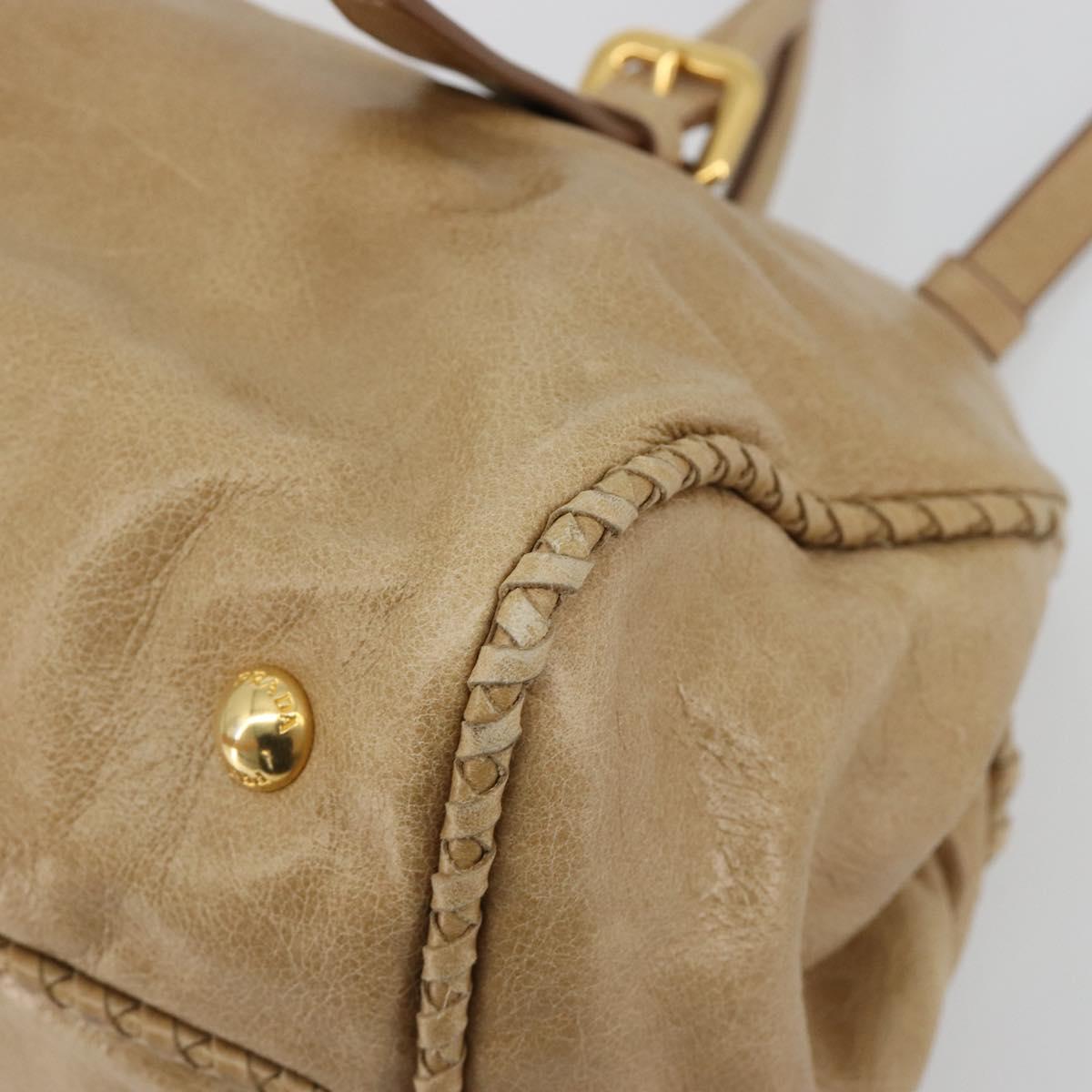 PRADA Hand Bag Leather 2way Beige Gold Auth 185490