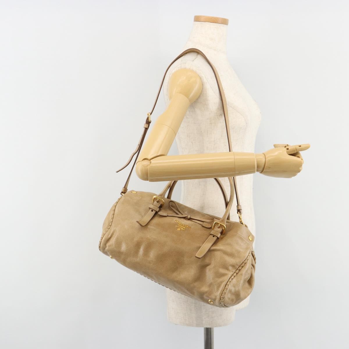 PRADA Hand Bag Leather 2way Beige Gold Auth 185490