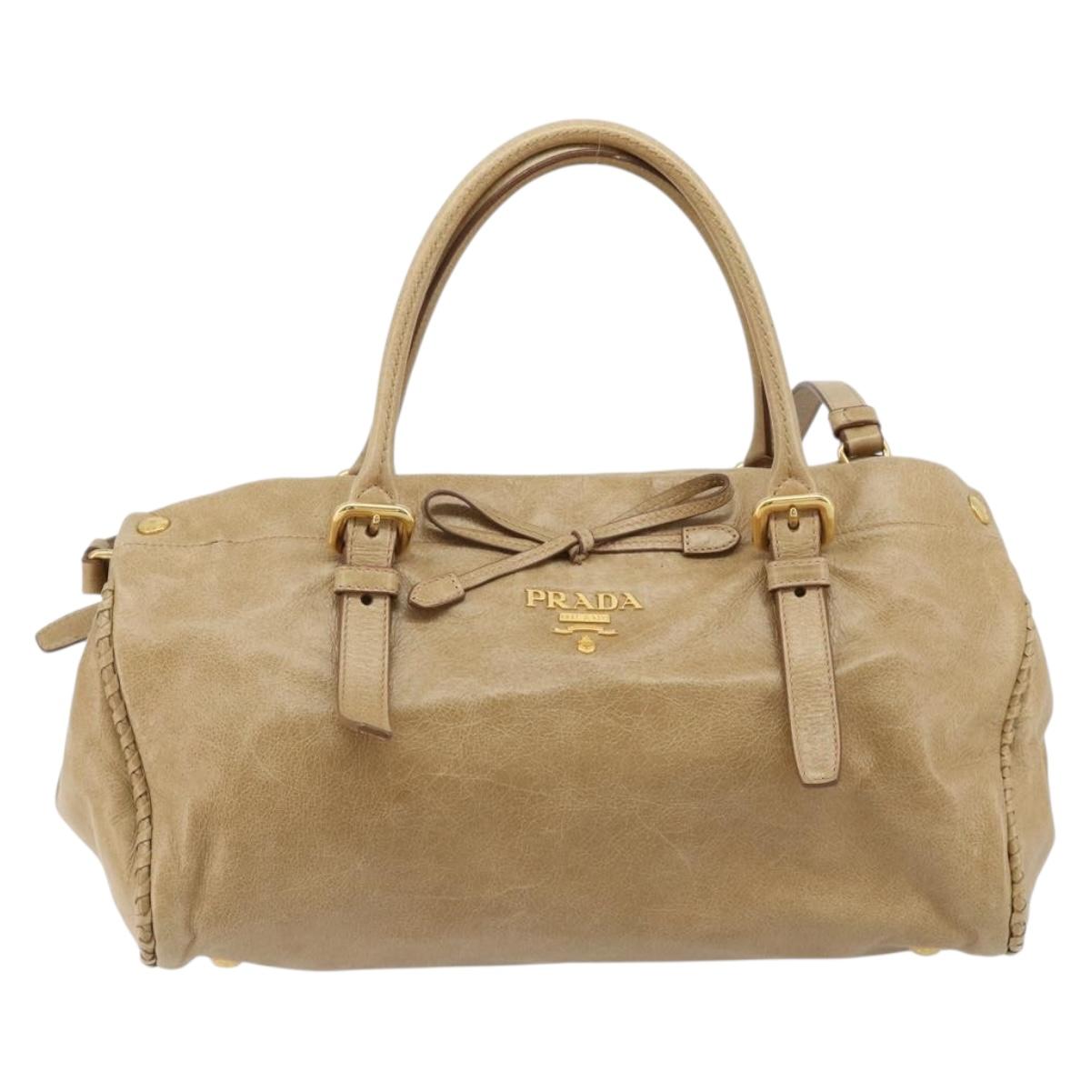 PRADA Hand Bag Leather 2way Beige Gold Auth 185490