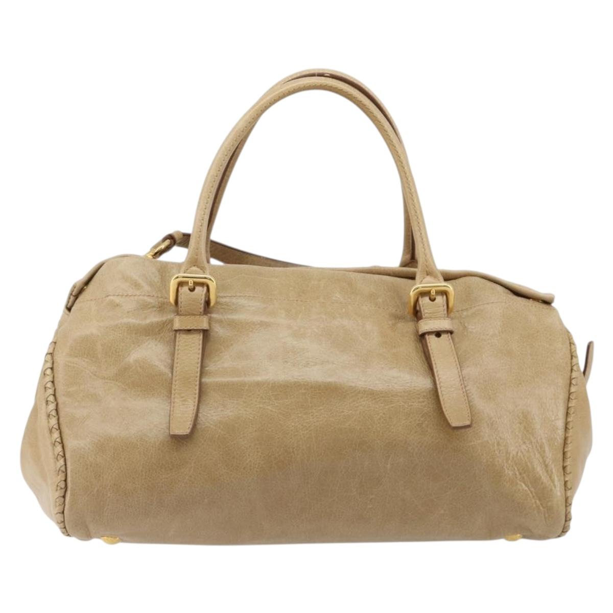 PRADA Hand Bag Leather 2way Beige Gold Auth 185490