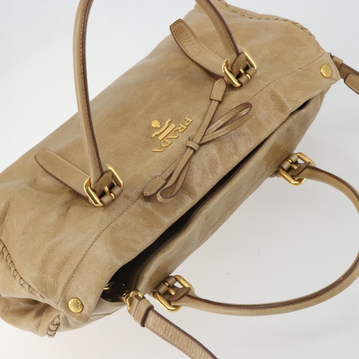 PRADA Hand Bag Leather 2way Beige Gold Auth 185490