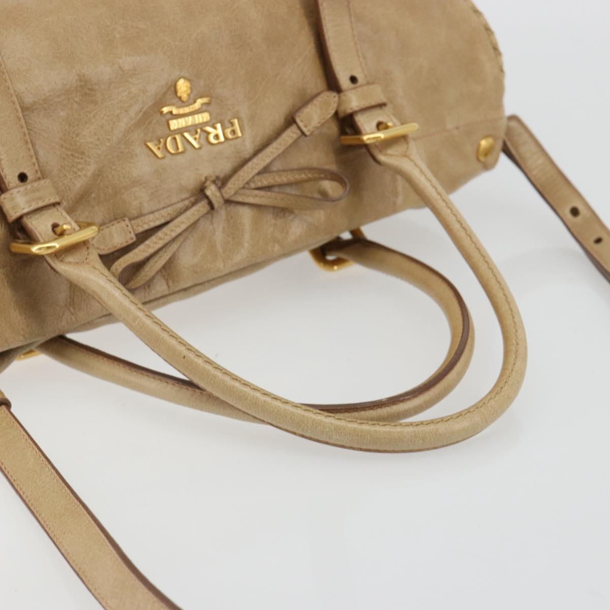 PRADA Hand Bag Leather 2way Beige Gold Auth 185490