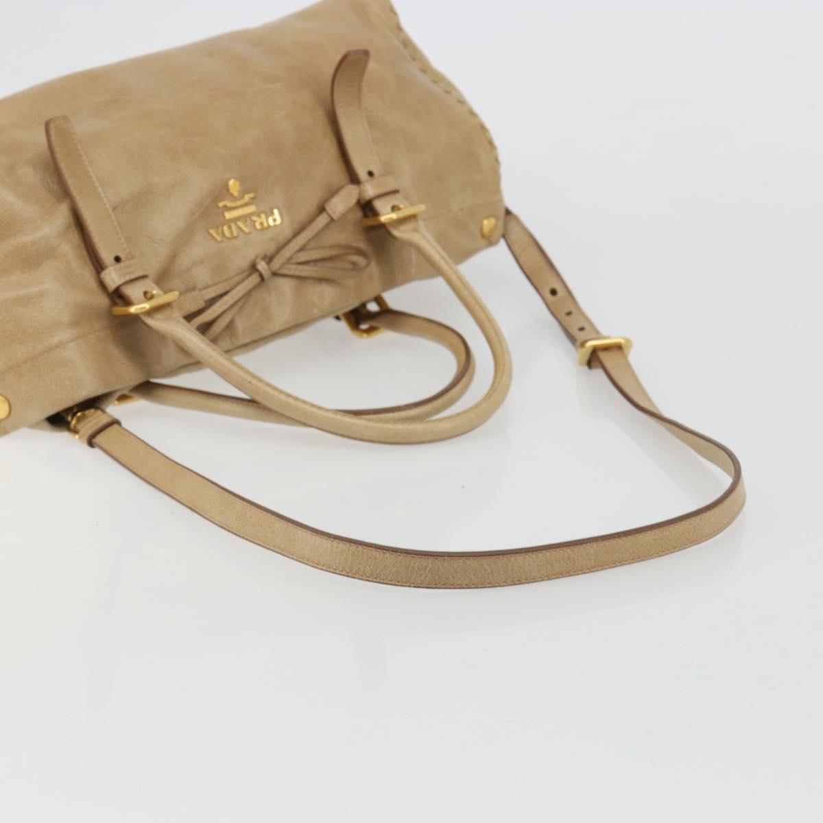 PRADA Hand Bag Leather 2way Beige Gold Auth 185490