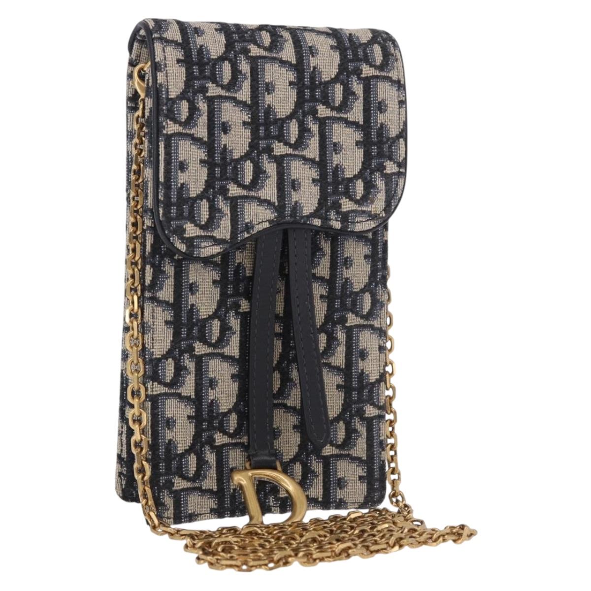 Christian Dior Trotter Canvas Saddle Chain Phone Holder Navy Gold Auth 185492M