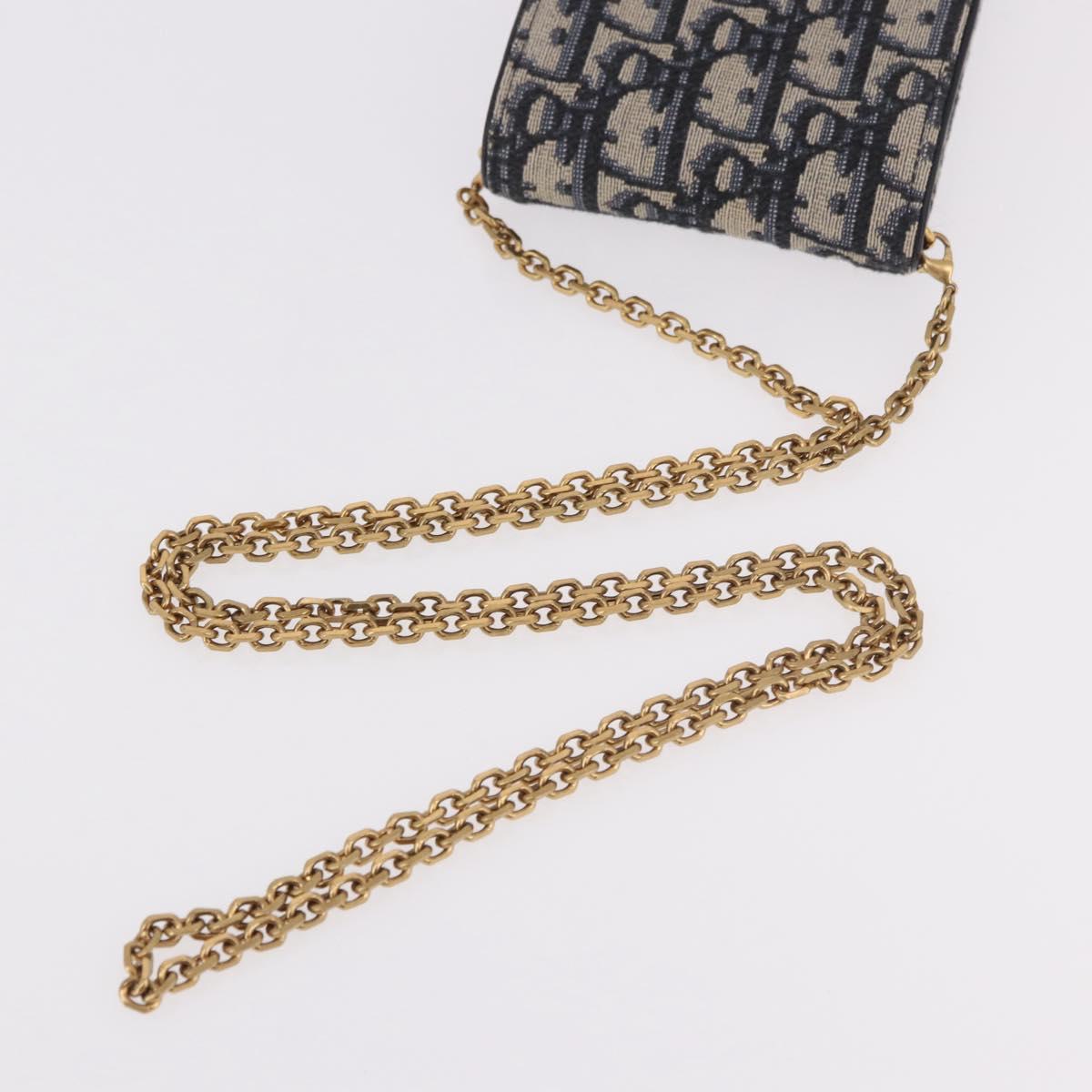 Christian Dior Trotter Canvas Saddle Chain Phone Holder Navy Gold Auth 185492M