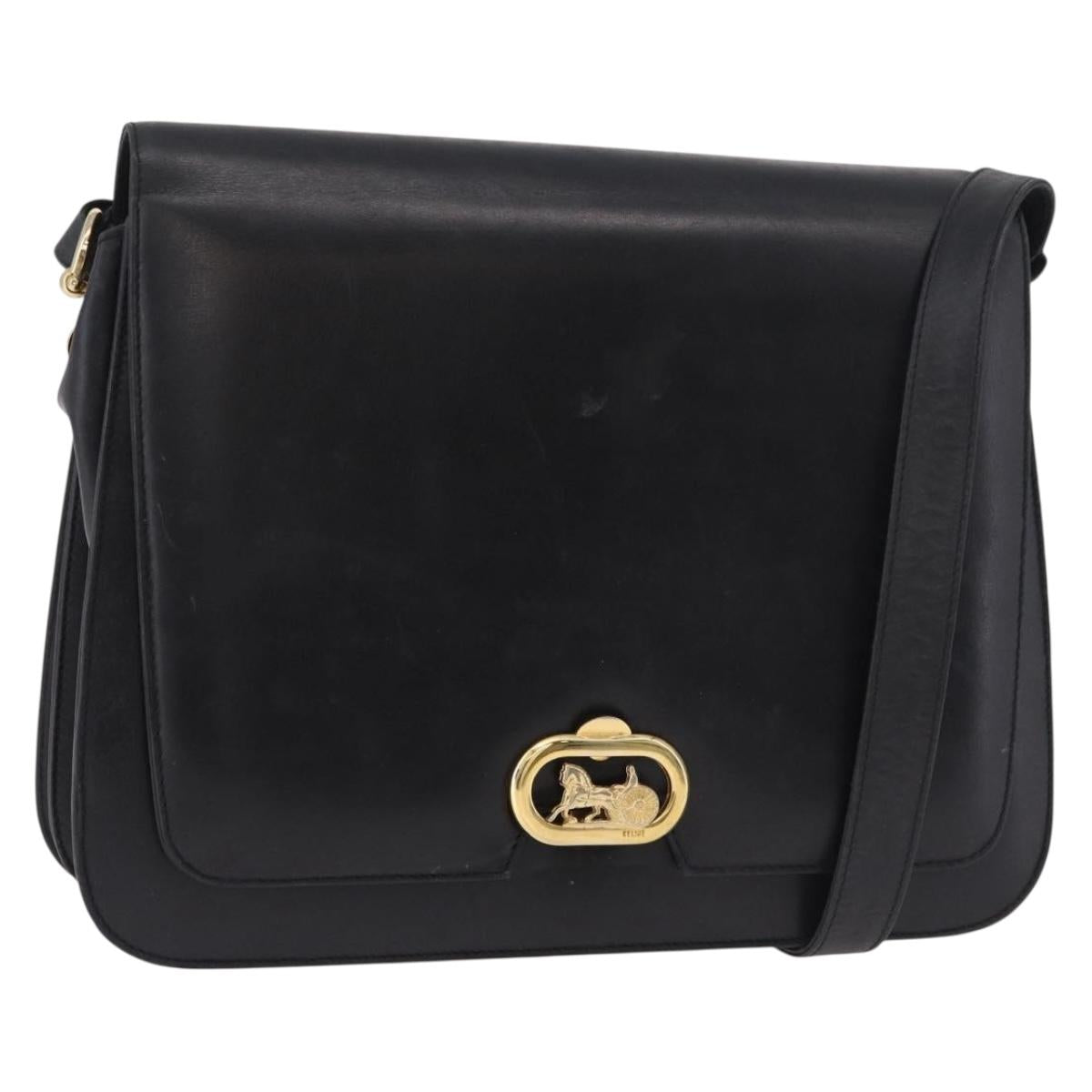 CELINE Horse Carriage Shoulder Bag Leather Black Gold Auth 185494