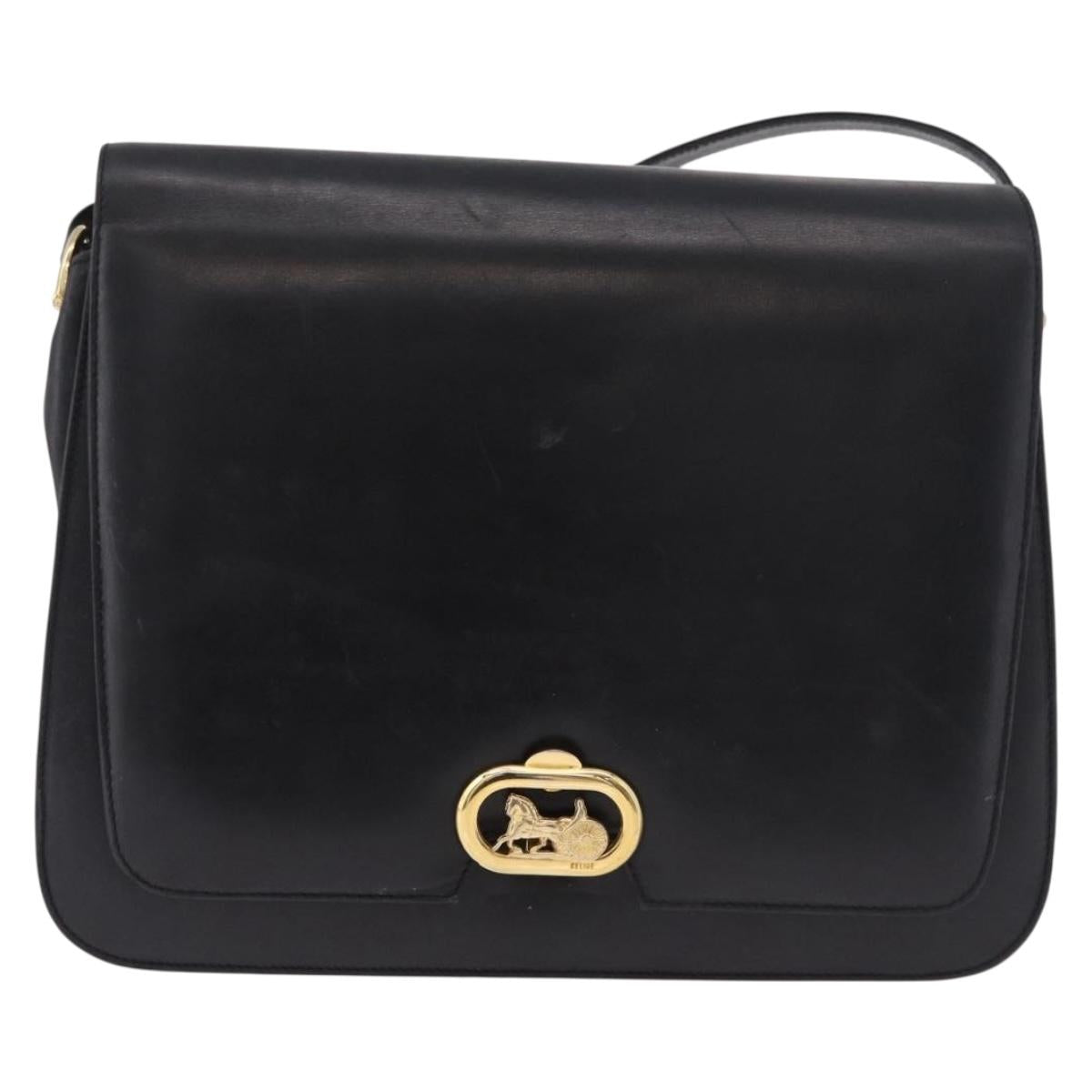 CELINE Horse Carriage Shoulder Bag Leather Black Gold Auth 185494