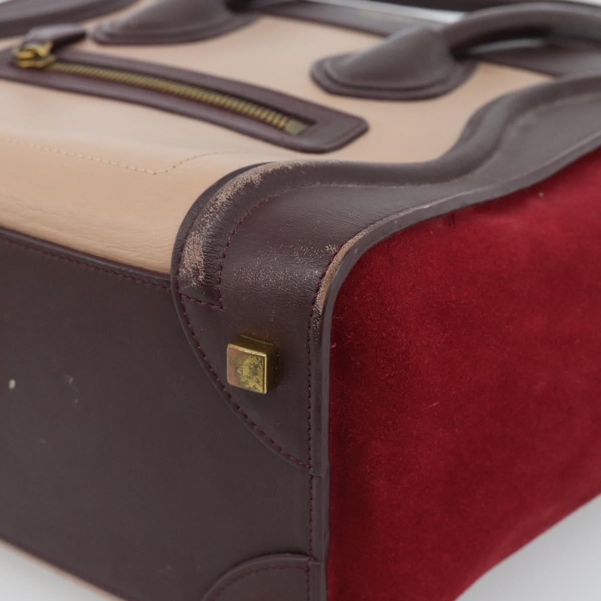 CELINE Luggage Micro Shopper Hand Bag Leather Bordeaux Gold Auth 185495A