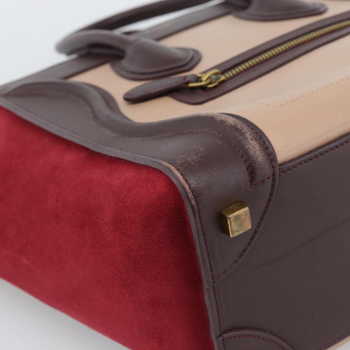 CELINE Luggage Micro Shopper Hand Bag Leather Bordeaux Gold Auth 185495A
