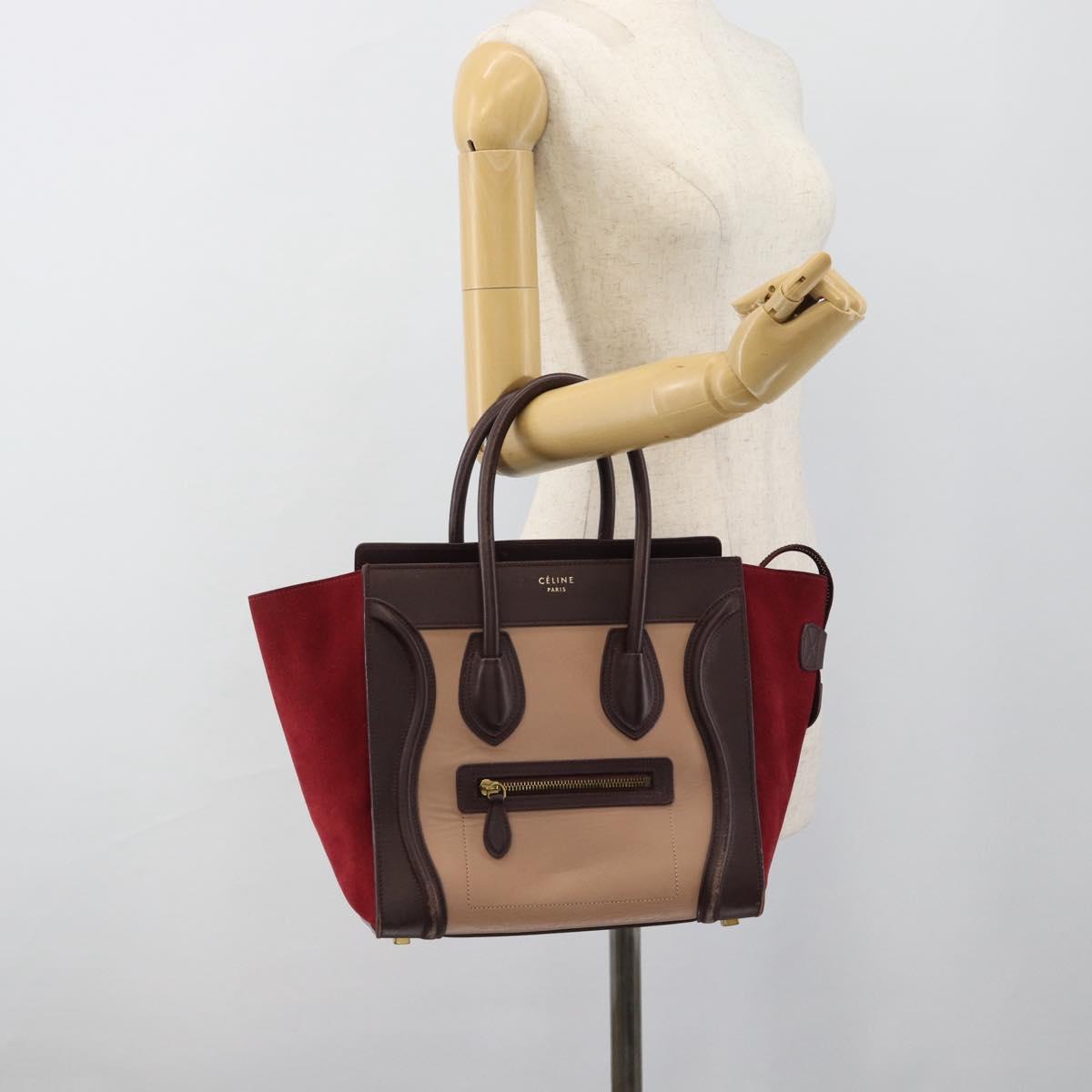 CELINE Luggage Micro Shopper Hand Bag Leather Bordeaux Gold Auth 185495A