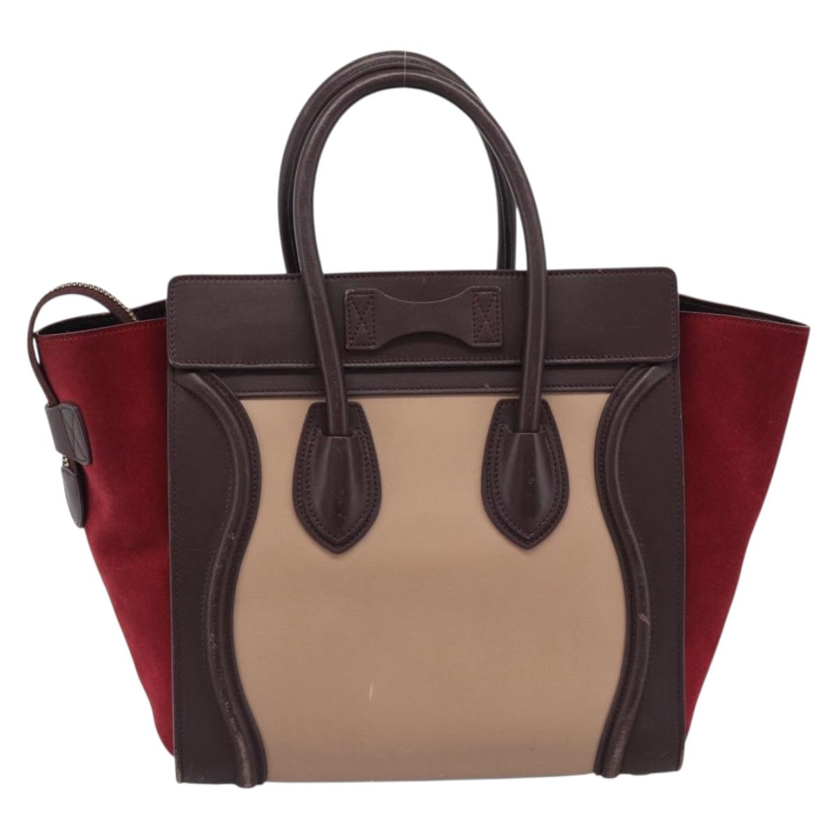 CELINE Luggage Micro Shopper Hand Bag Leather Bordeaux Gold Auth 185495A
