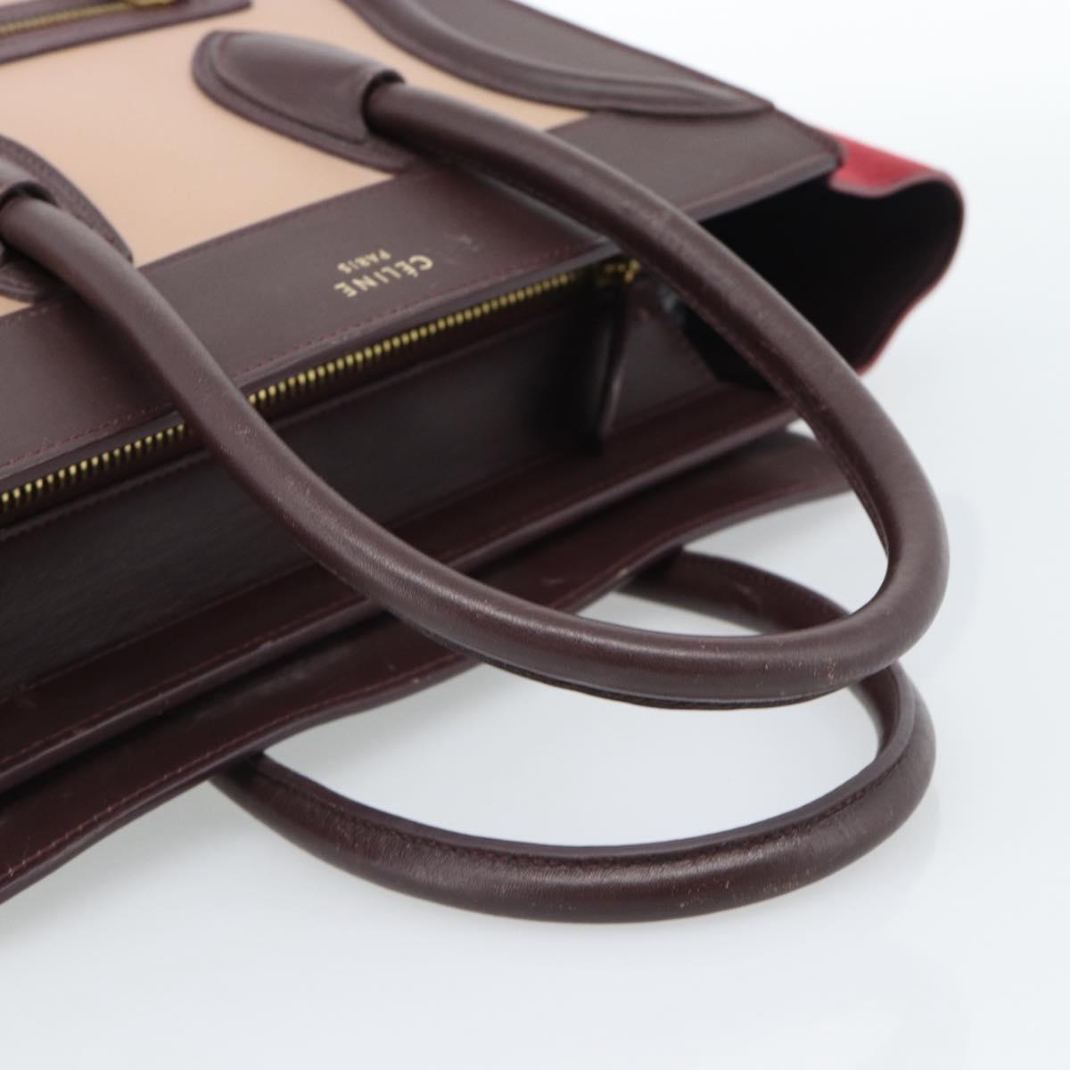 CELINE Luggage Micro Shopper Hand Bag Leather Bordeaux Gold Auth 185495A