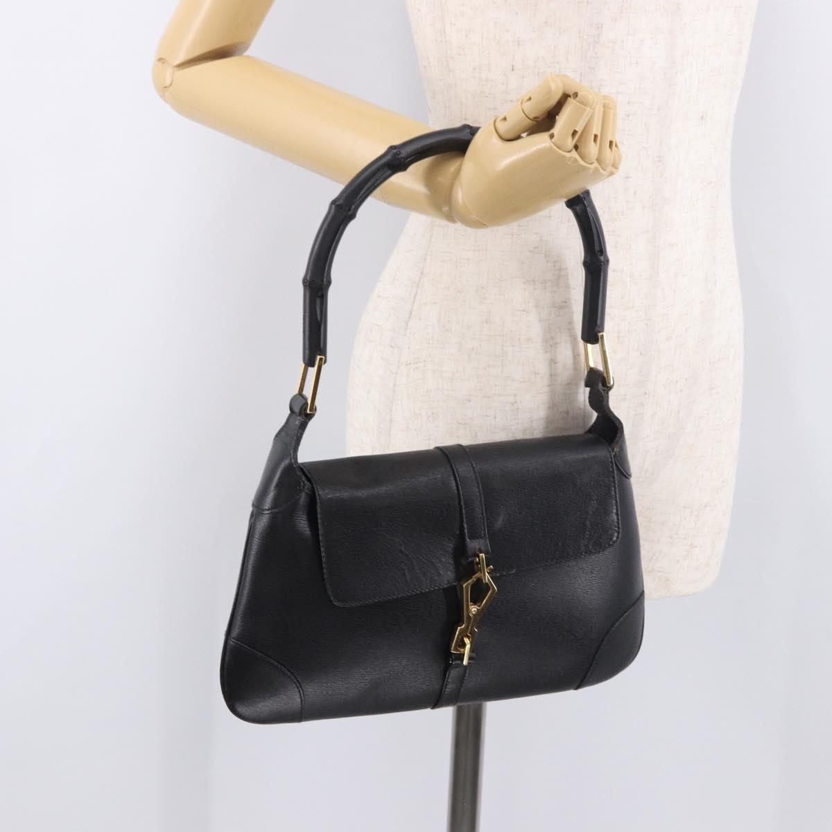GUCCI Bamboo Shoulder Bag Leather Black Gold 001 4096 Auth 185498