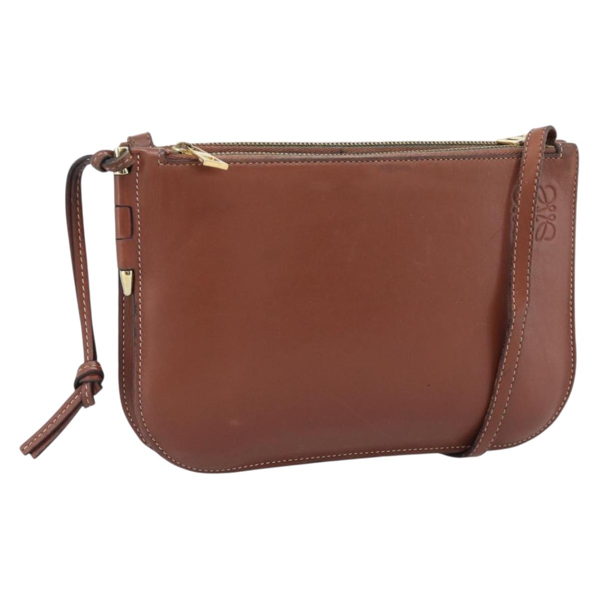 LOEWE Gate Double Zip Shoulder Bag Leather Brown Gold Auth 185500