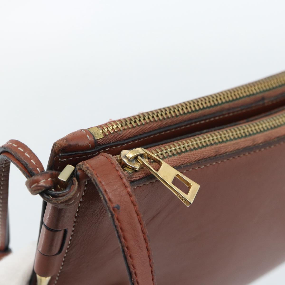 LOEWE Gate Double Zip Shoulder Bag Leather Brown Gold Auth 185500
