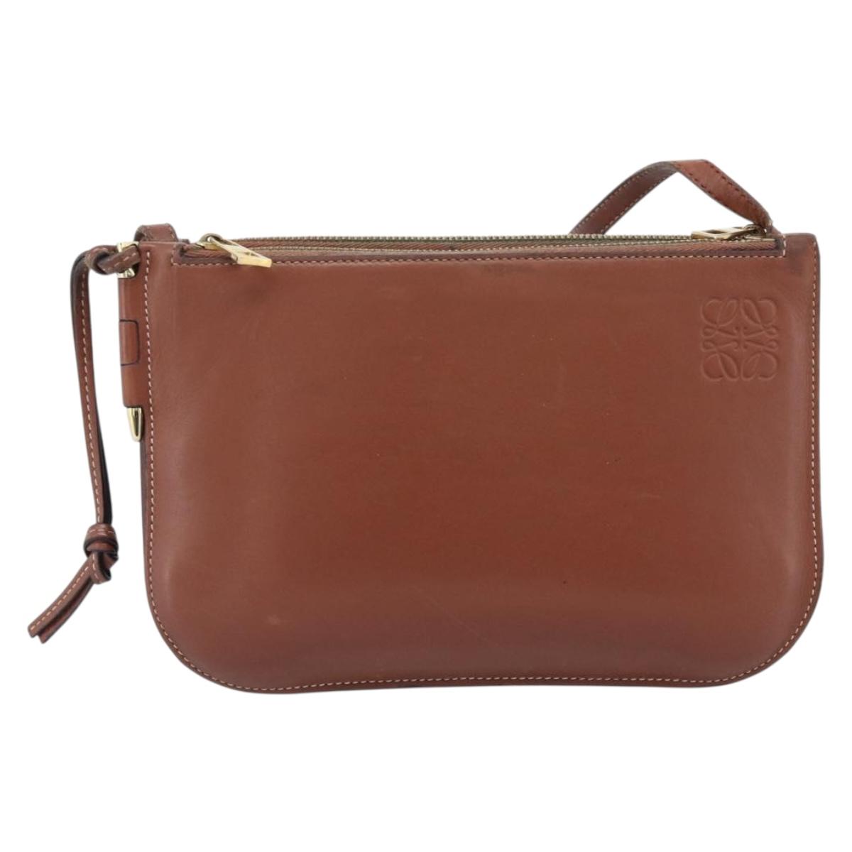 LOEWE Gate Double Zip Shoulder Bag Leather Brown Gold Auth 185500
