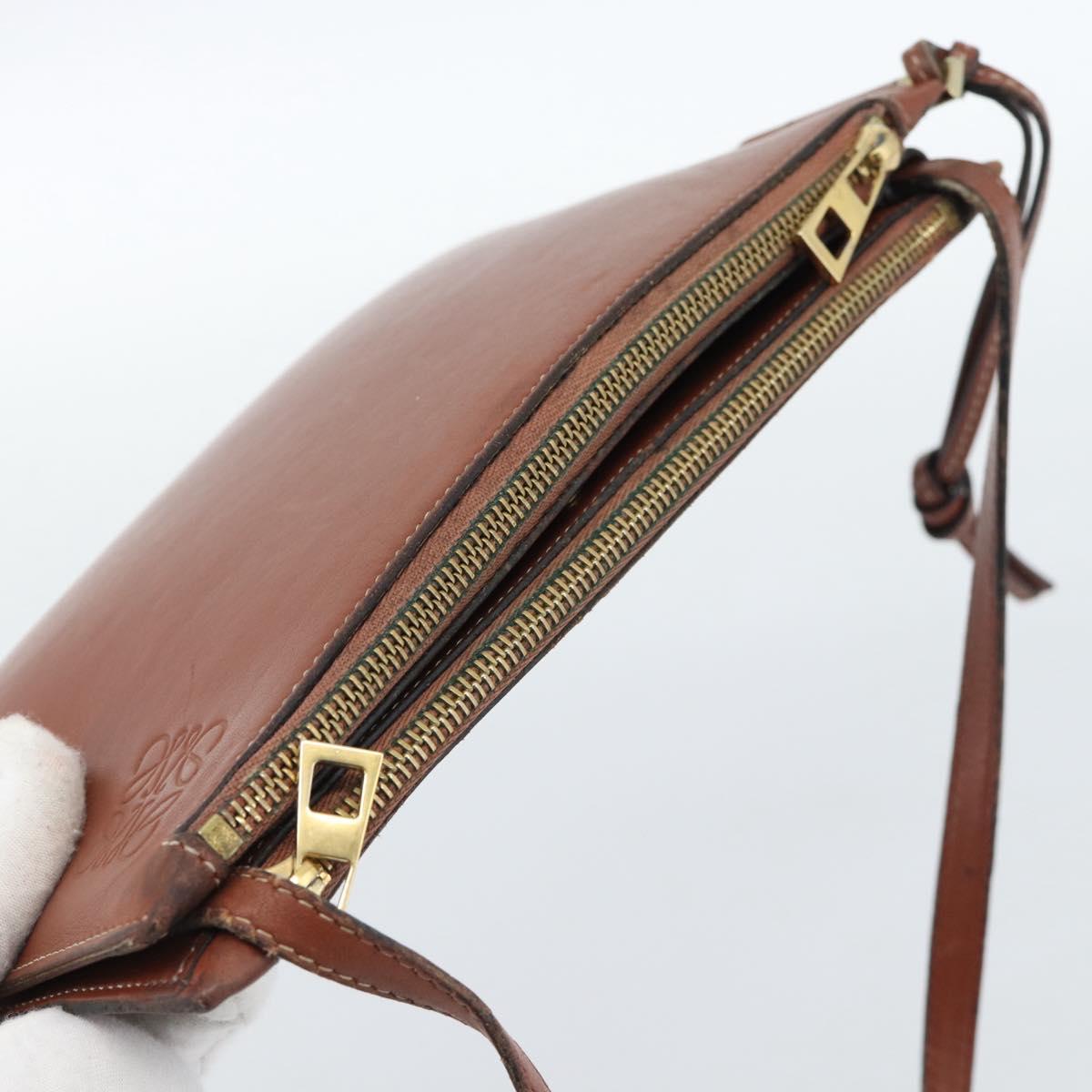 LOEWE Gate Double Zip Shoulder Bag Leather Brown Gold Auth 185500