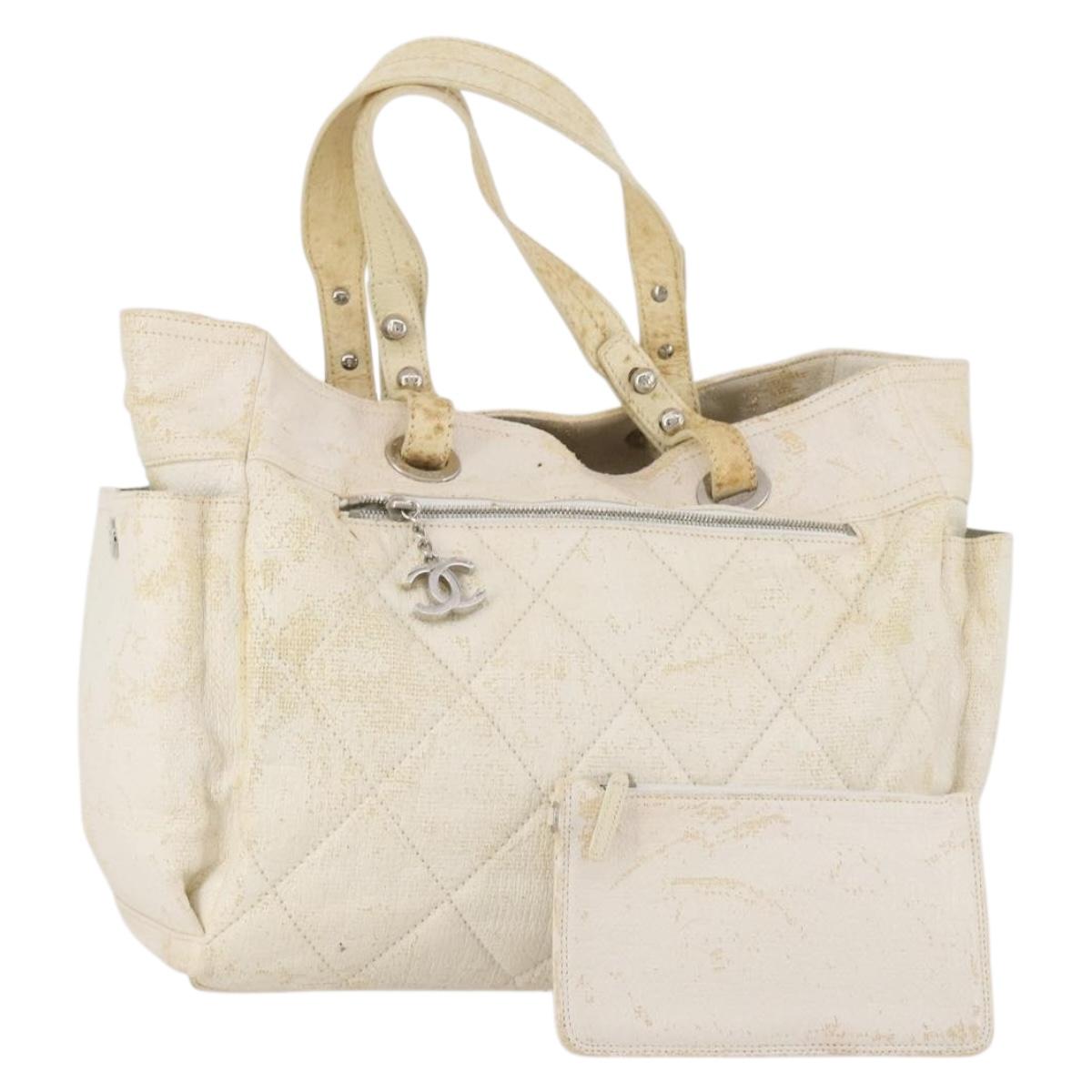 CHANEL Paris Biarritz GM Hand Bag Canvas White Silver CC Auth 185503