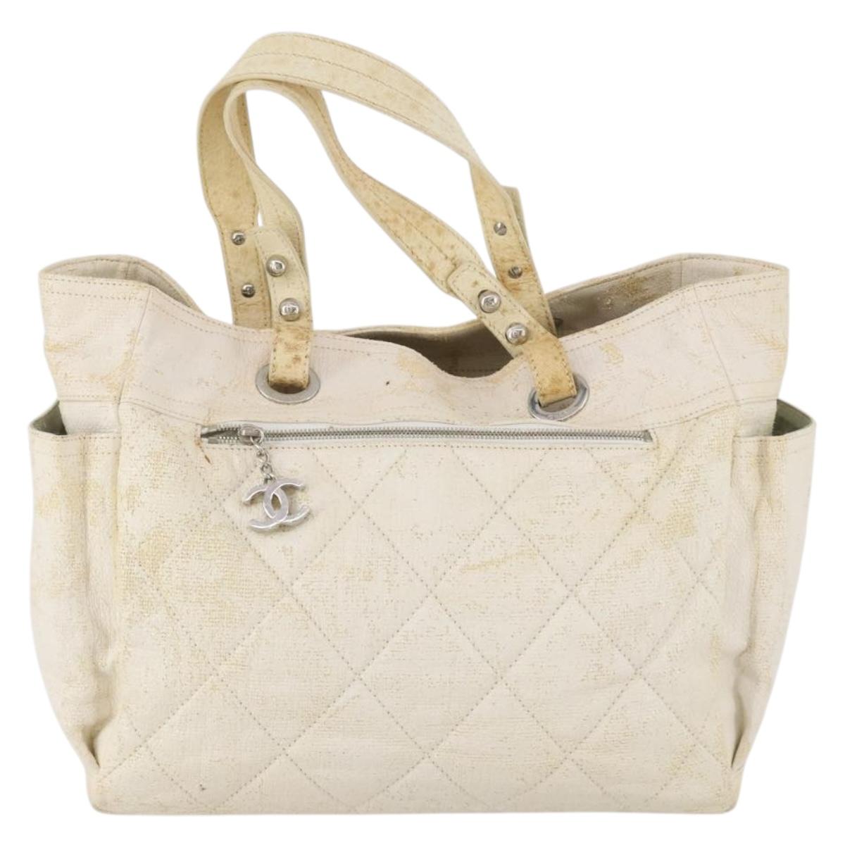 CHANEL Paris Biarritz GM Hand Bag Canvas White Silver CC Auth 185503