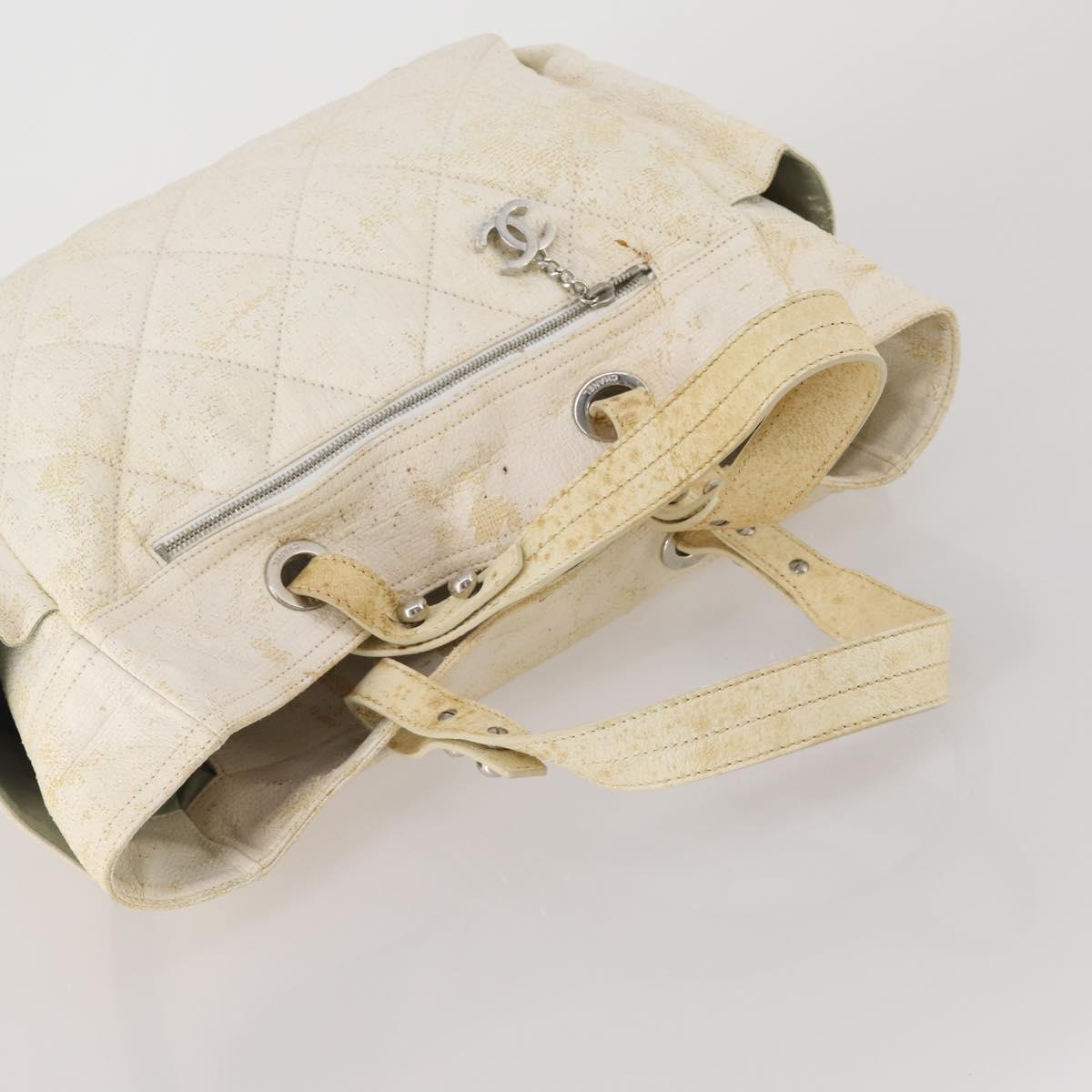 CHANEL Paris Biarritz GM Hand Bag Canvas White Silver CC Auth 185503