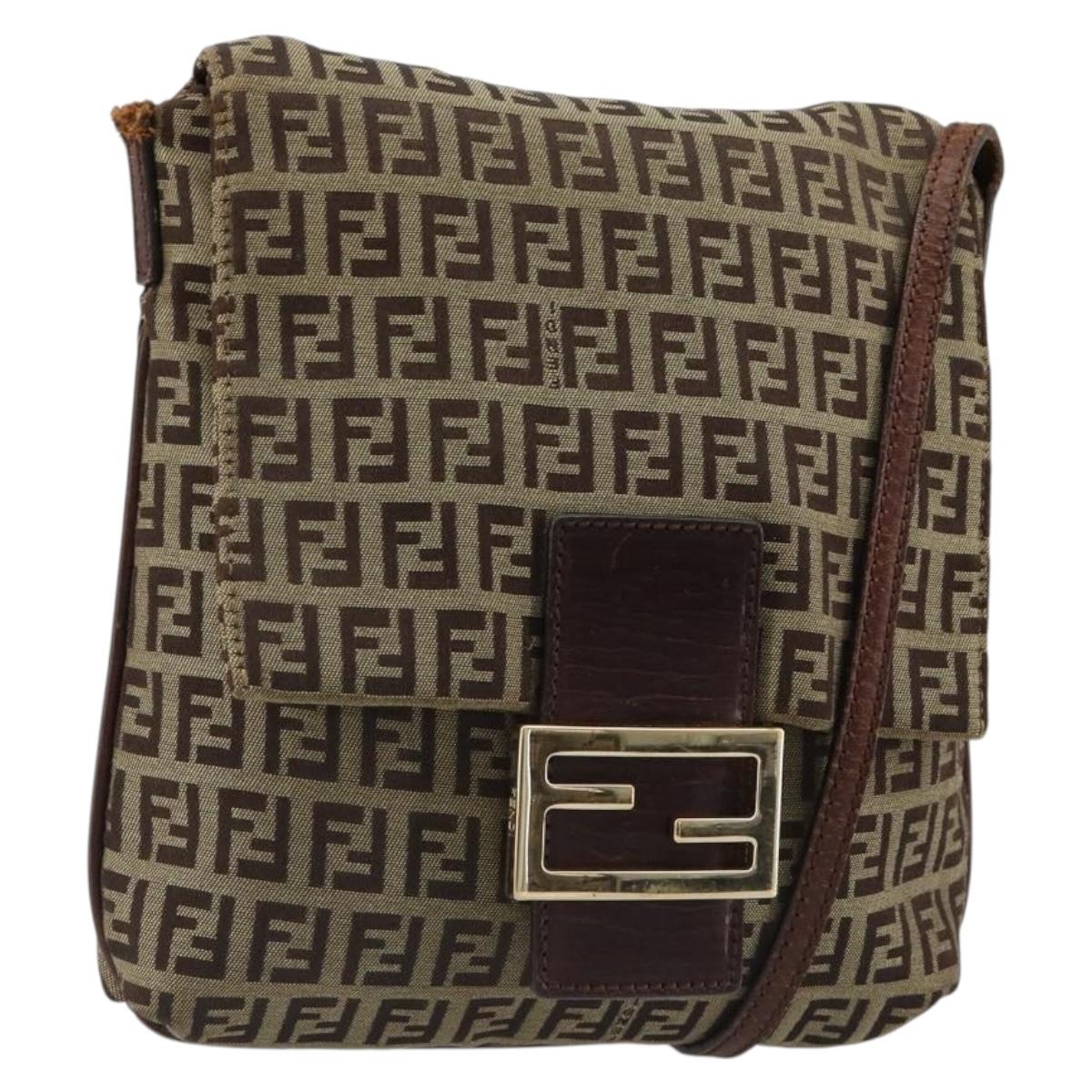 FENDI Zucchino Canvas Mamma Baguette Shoulder Bag Beige Gold Auth 185509