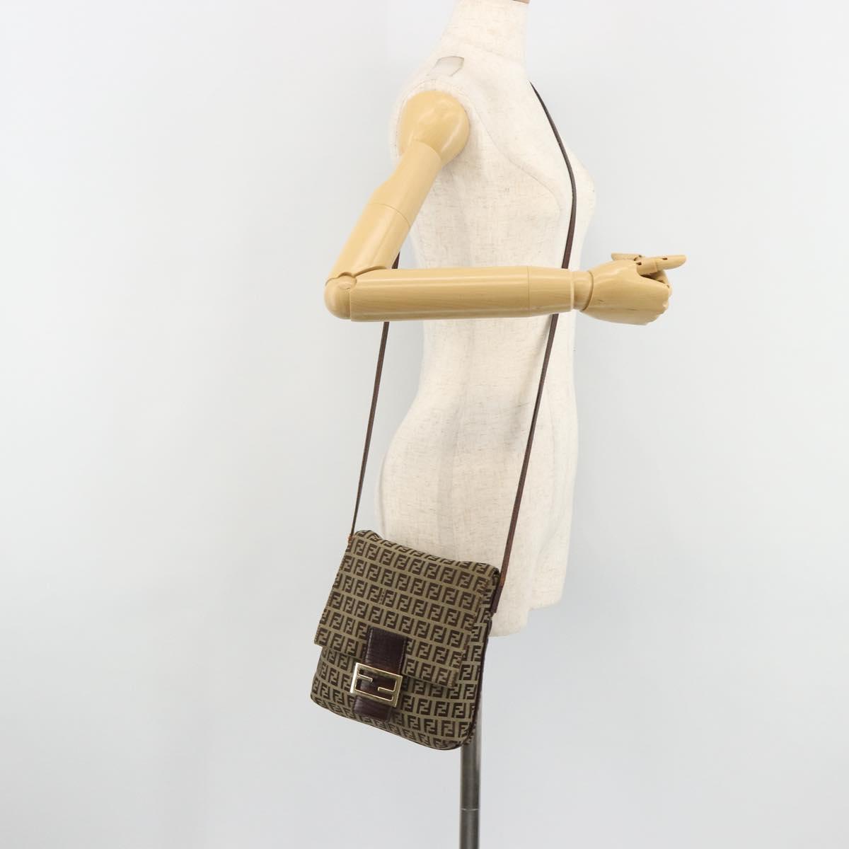 FENDI Zucchino Canvas Mamma Baguette Shoulder Bag Beige Gold Auth 185509