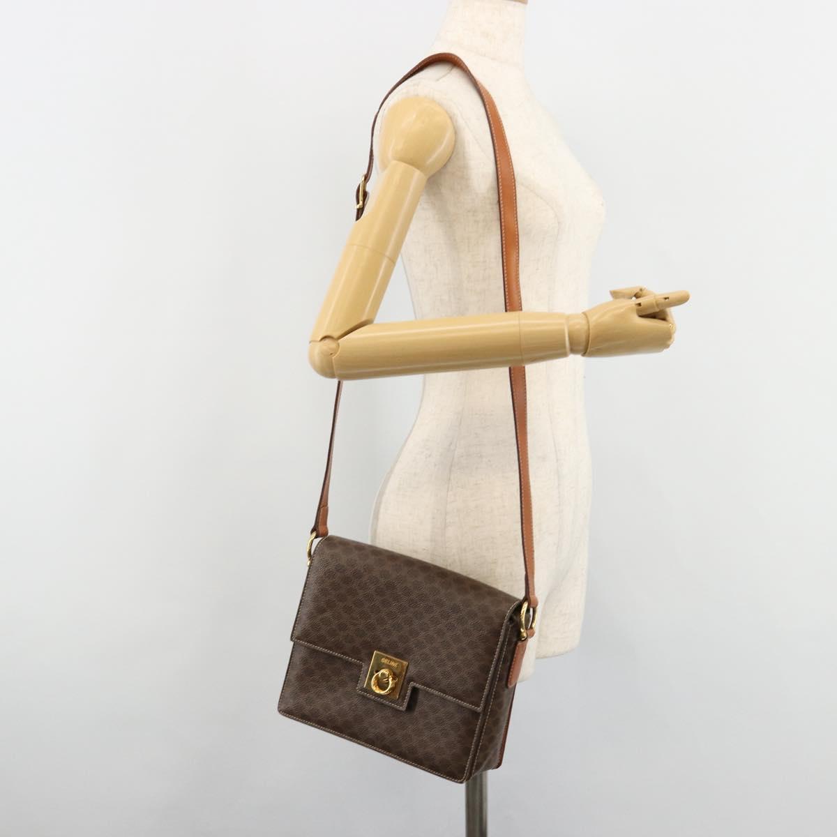 CELINE Macadam Canvas Shoulder Bag PVC Leather Brown Gold Auth 185532