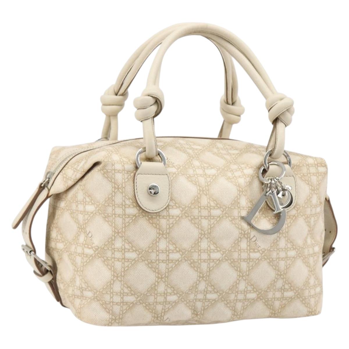 Christian Dior Panarea Hand Bag Canvas Ivory Silver Auth 185536A