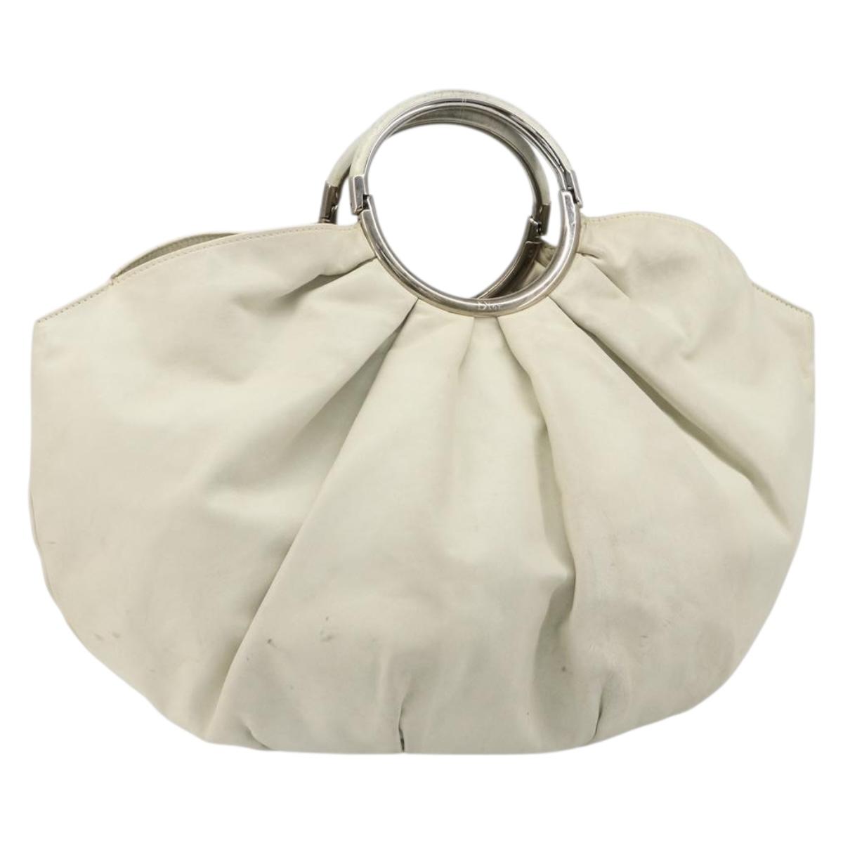 Christian Dior Hand Bag Leather White Silver Auth 185555