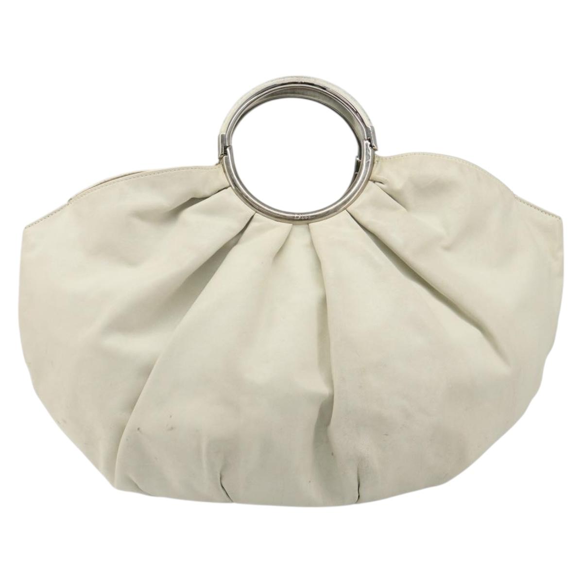 Christian Dior Hand Bag Leather White Silver Auth 185555