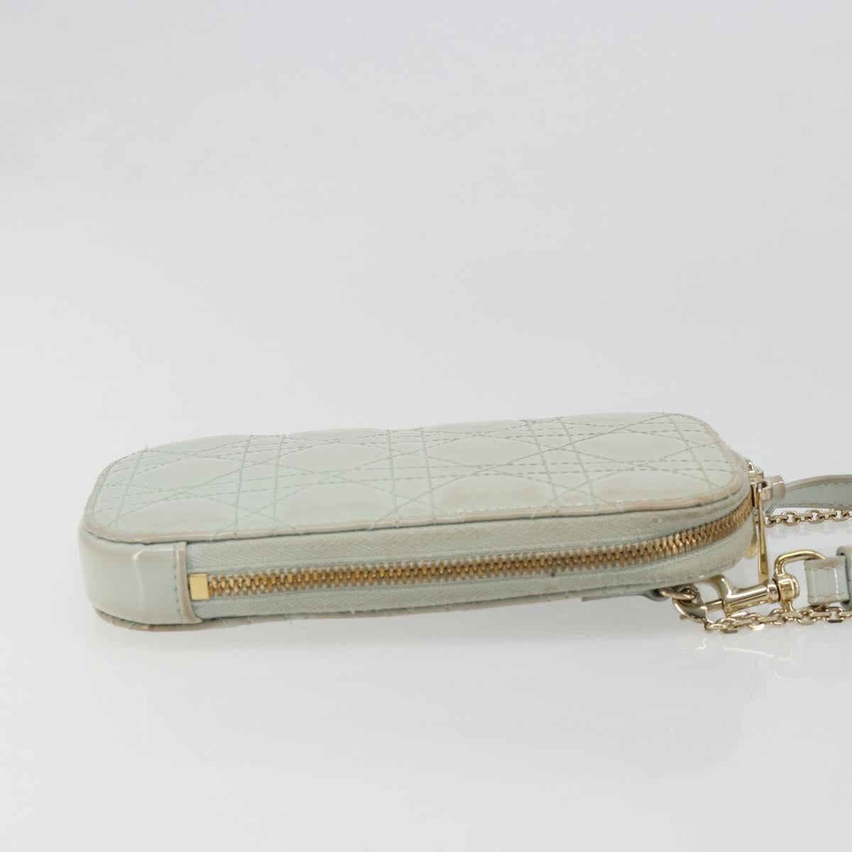 Christian Dior Cannage Phone Pouch Chain Bag Patent Light Blue Gold Auth 185556