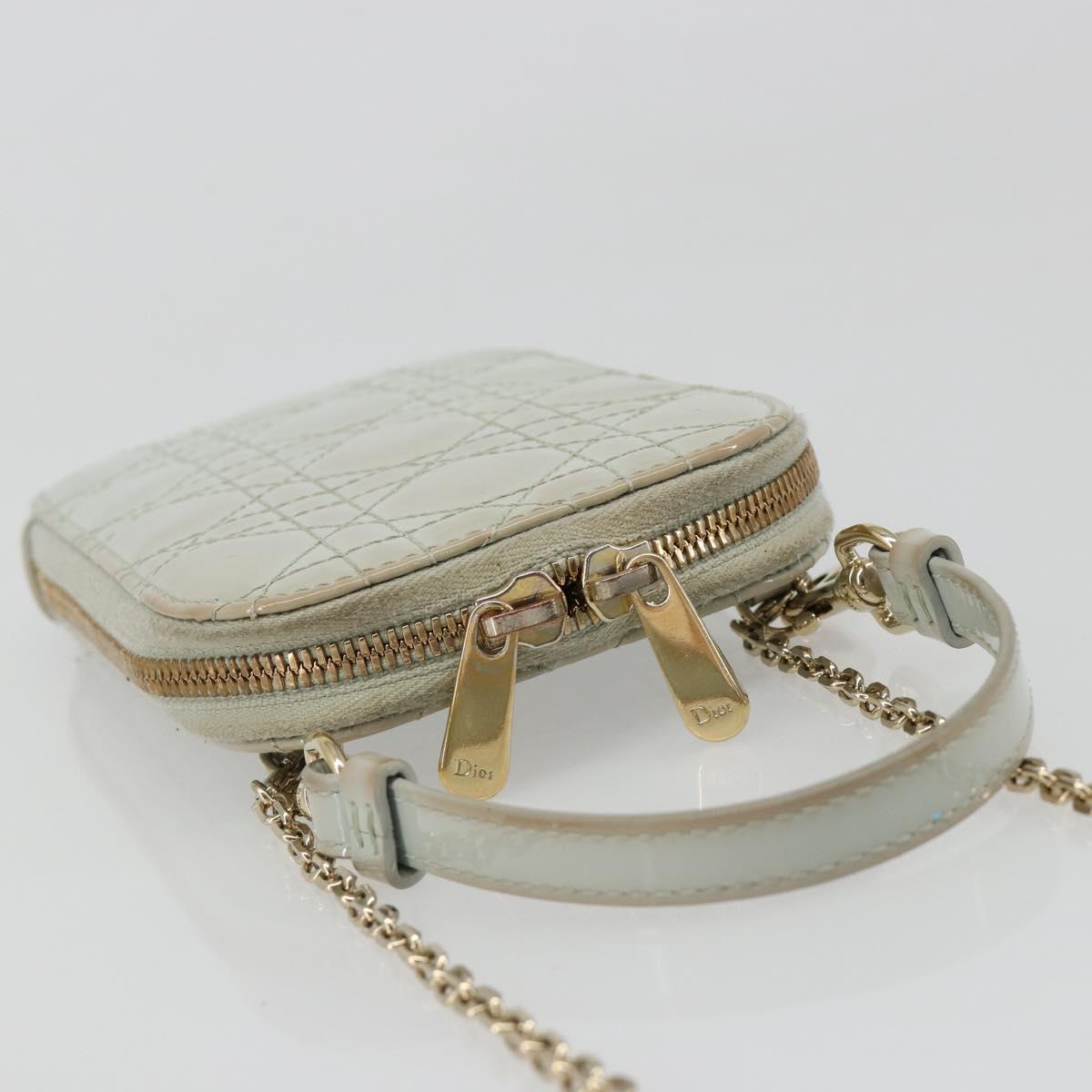 Christian Dior Cannage Phone Pouch Chain Bag Patent Light Blue Gold Auth 185556