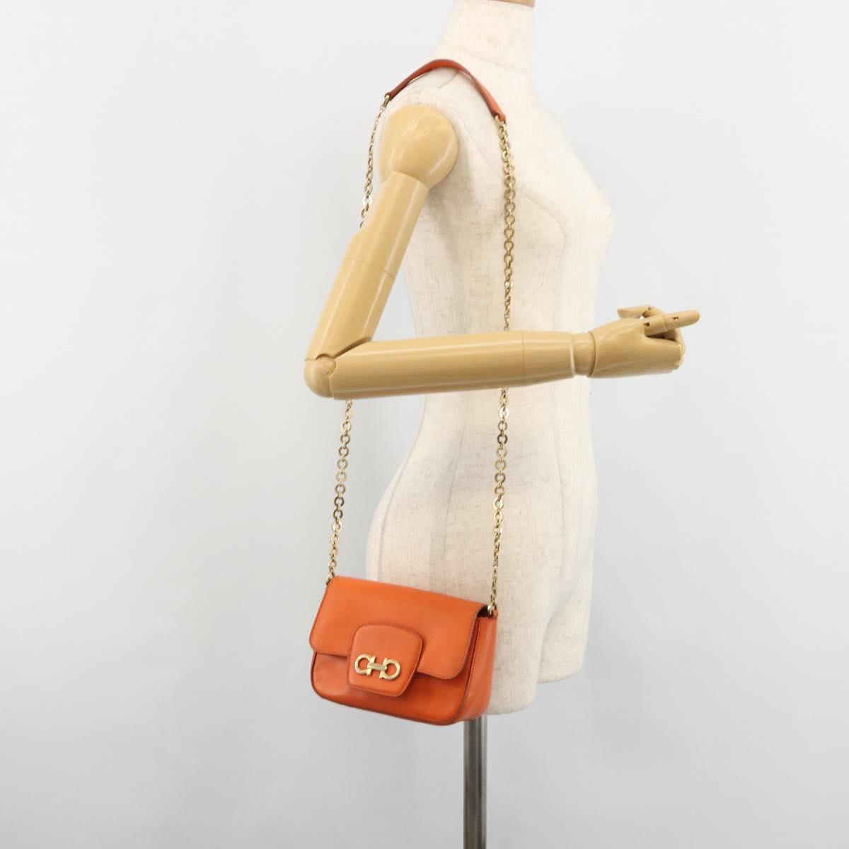 Salvatore Ferragamo Gancini Chain Shoulder Bag Leather Orange Gold Auth 185560