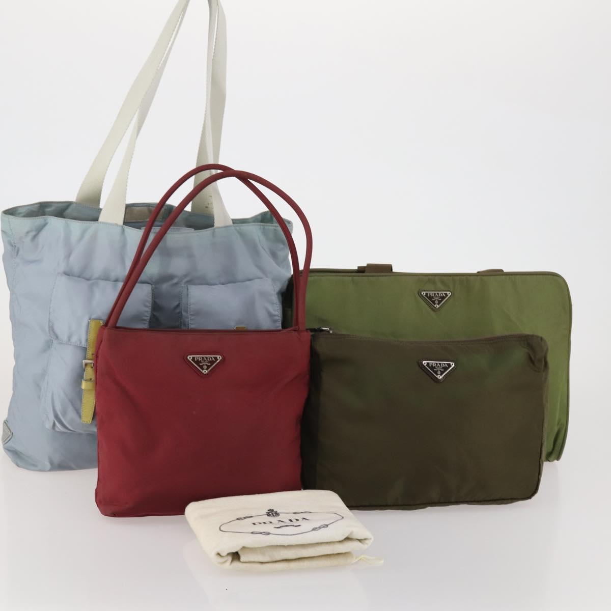 PRADA Hand Bag Nylon 4 Set Khaki Light Blue Red Auth 185563