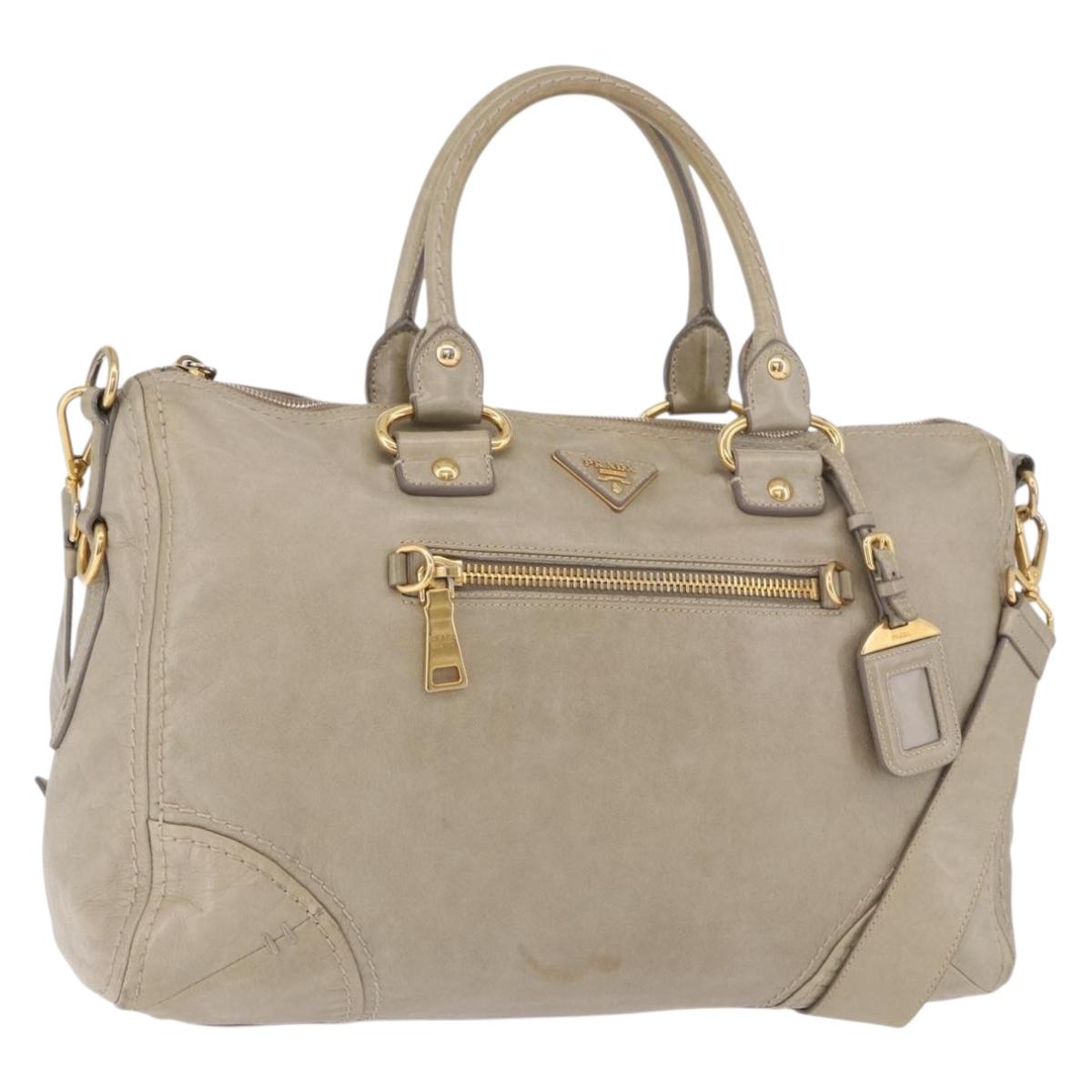 PRADA Hand Bag Leather 2way Khaki Gold Auth 185582A